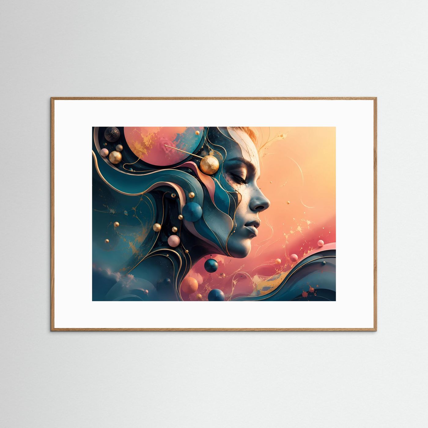 Abstraktes Frauengesicht Poster | Moderne Portrait Kunst | Surreale Frauenkunst | Geometrische Wanddekoration | Elegante Leinwand mit Goldakzenten