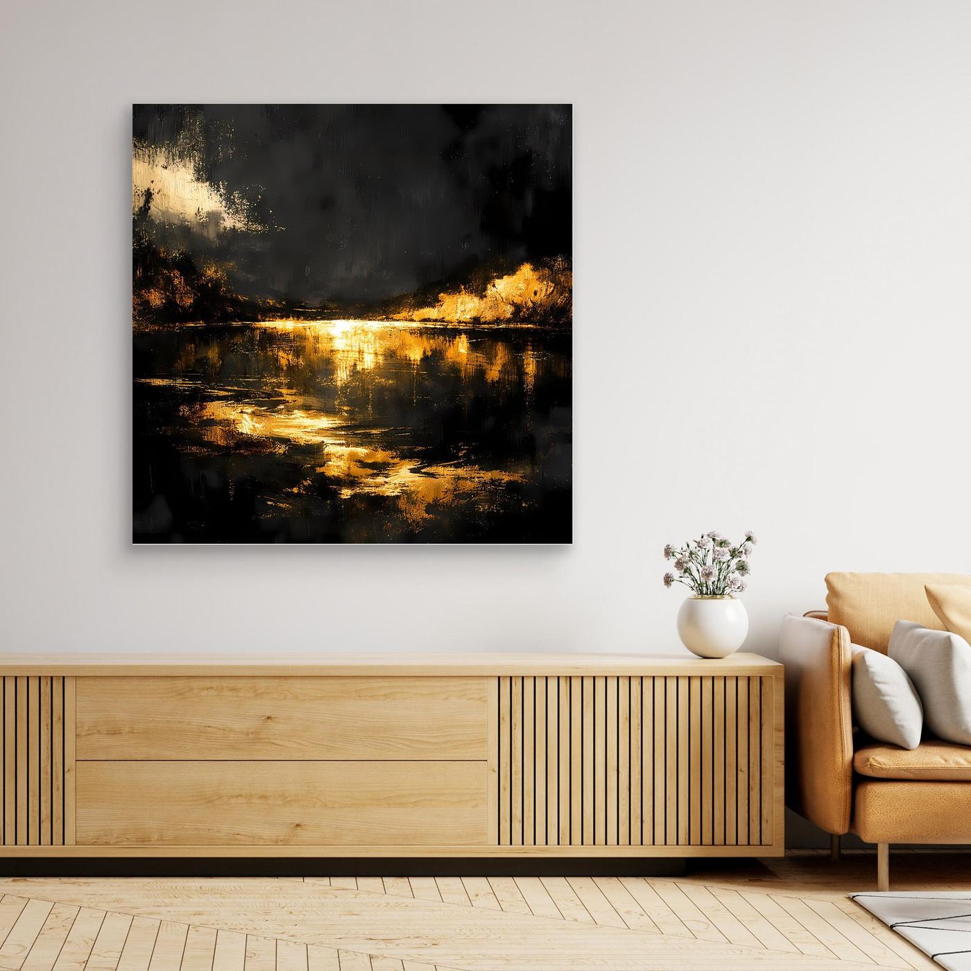 Leinwand Goldene Flusslandschaft bei Nacht | Abstraktes Natur Wandbild Moderne Kunst