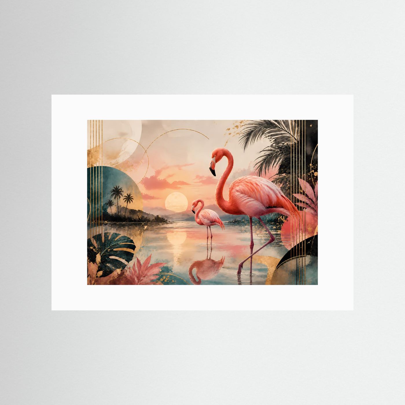 Elegante Flamingos in tropischer Lagune bei Sonnenuntergang | Exotische Flamingo Wandkunst in Rosa, Petrol, Gold & Creme | Modernes Tier Poster im Querformat mit Palmen und abstrakten Formen