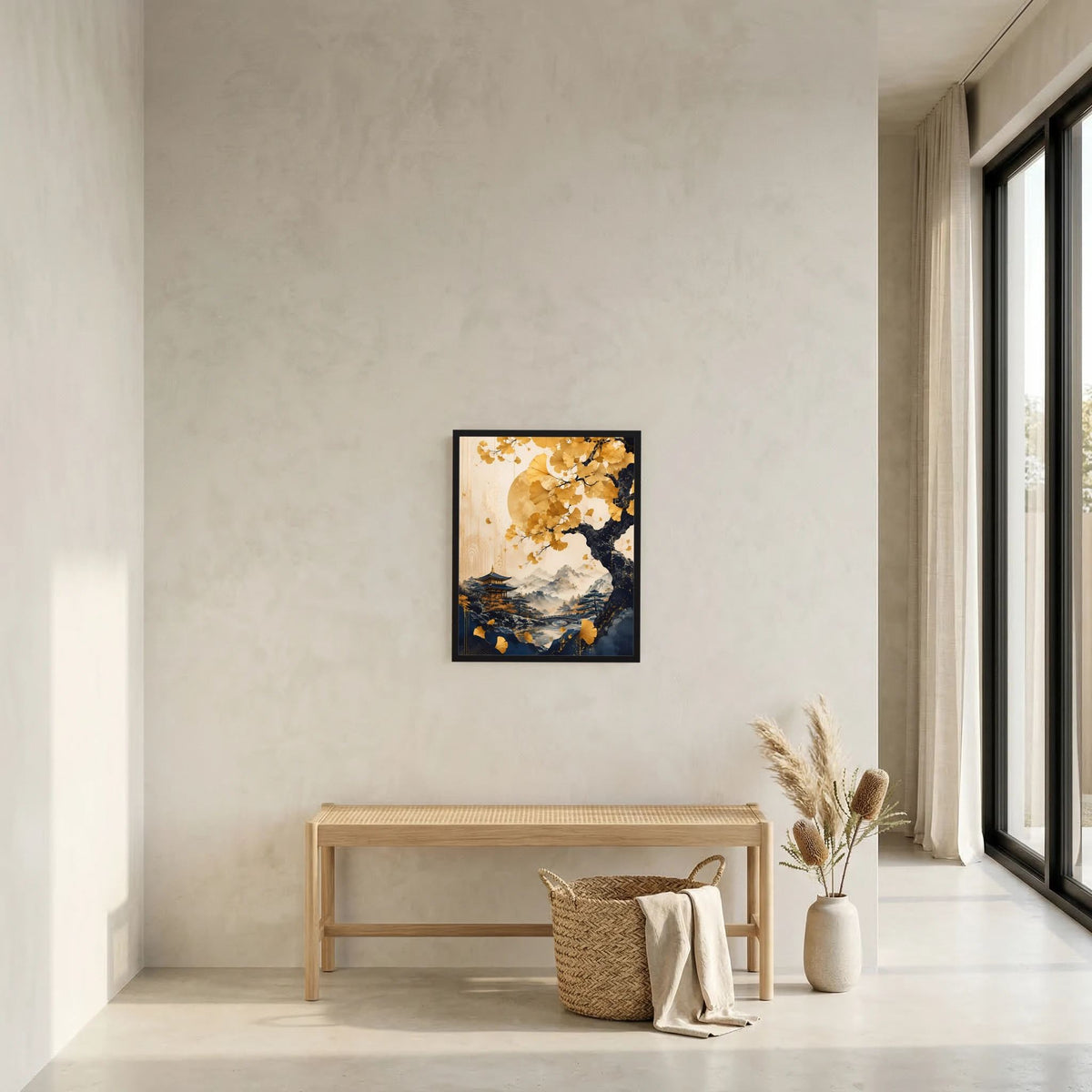 Wandposter im Hochformat: goldener Ginkgobaum über Pagode, Berge und Fluss