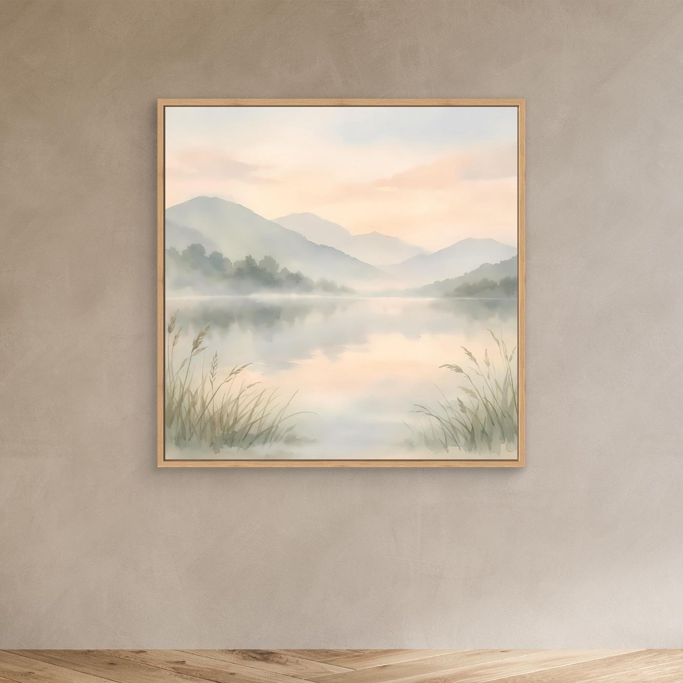 Leinwandbild nebliger Bergsee im Aquarellstil mit Eichenrahmen, ruhiger See und Berge