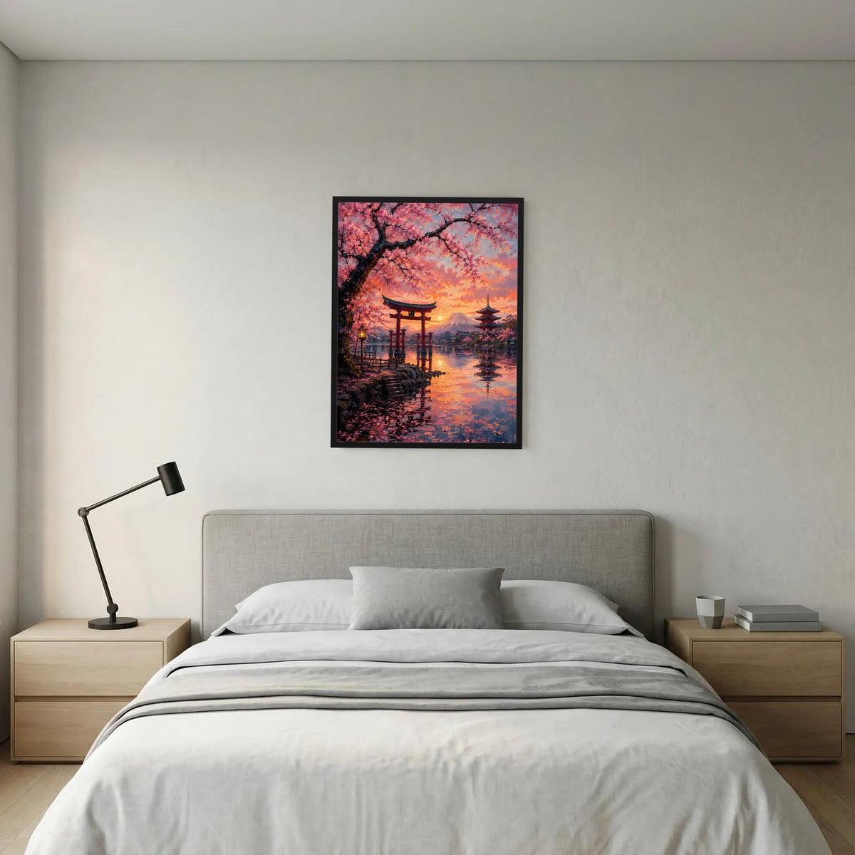 Schwarz gerahmtes Poster mit Torii, Kirschblüten und Fuji über Wasser im Sonnenuntergang