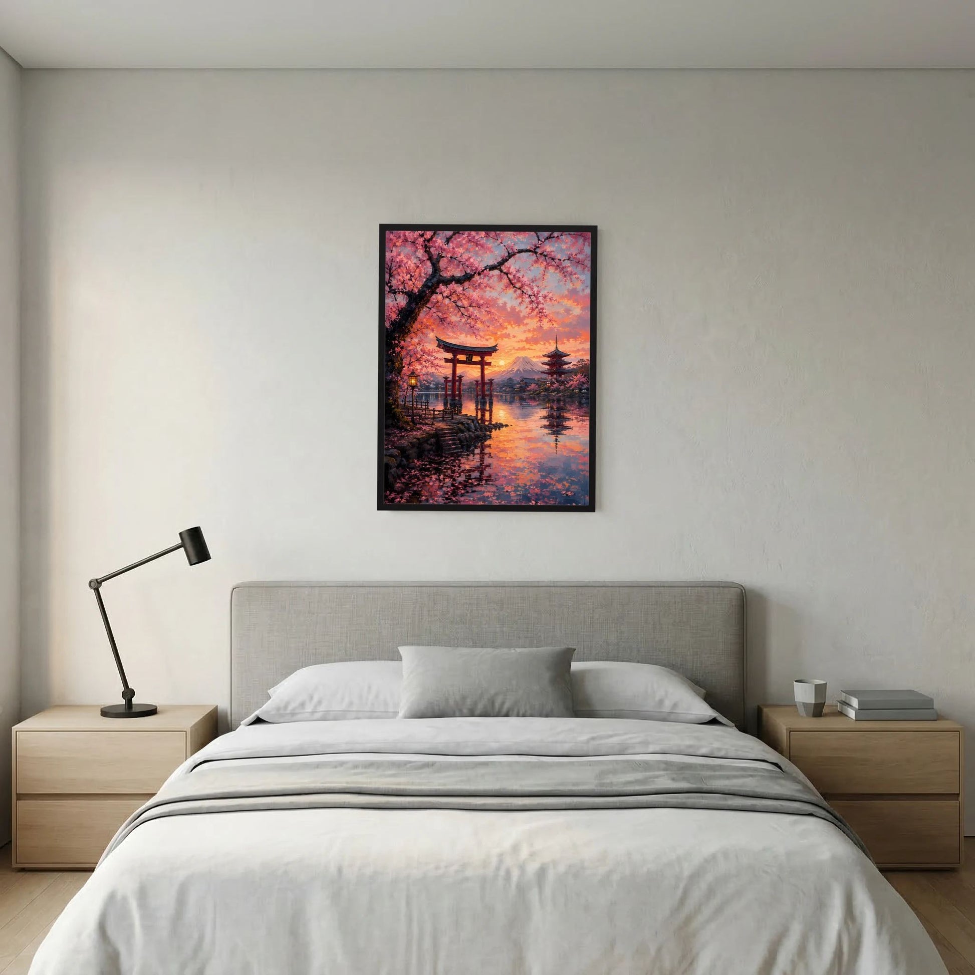 Schwarz gerahmtes Poster mit Torii, Kirschblüten und Fuji über Wasser im Sonnenuntergang
