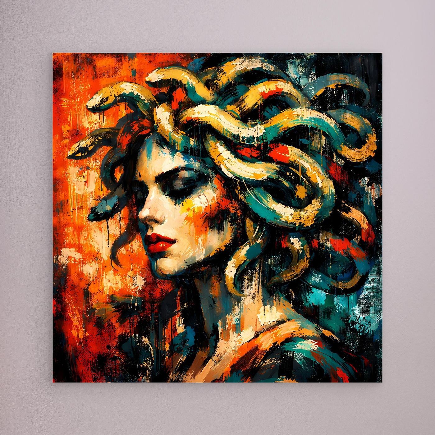 Leinwandbild mit Medusenfrau im Seitenprofil, abstrakte Schlangen-Haare in Blau, Grün und Rot, ohne erkennbaren Rahmen.