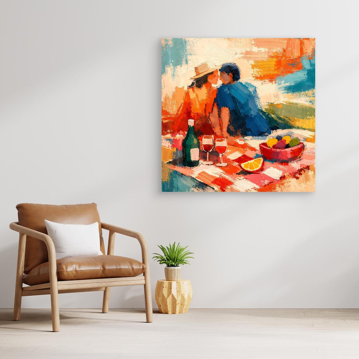 Leinwand-Wandbild mit hellem Holzrahmen, abstraktes Picknick-Pärchen im Querformat