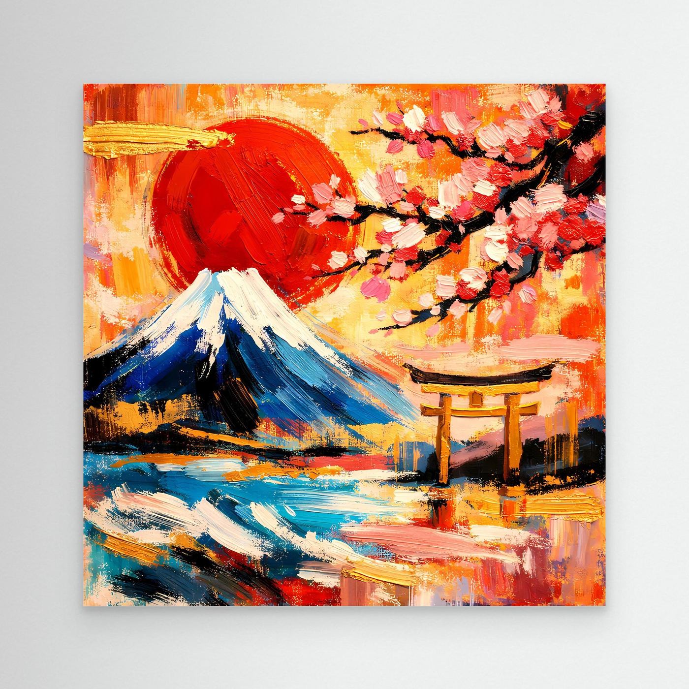 Leinwandbild mit Berg Fuji, rotem Torii und Kirschblüten, abstrakte Pinselstruktur, ohne Rahmen