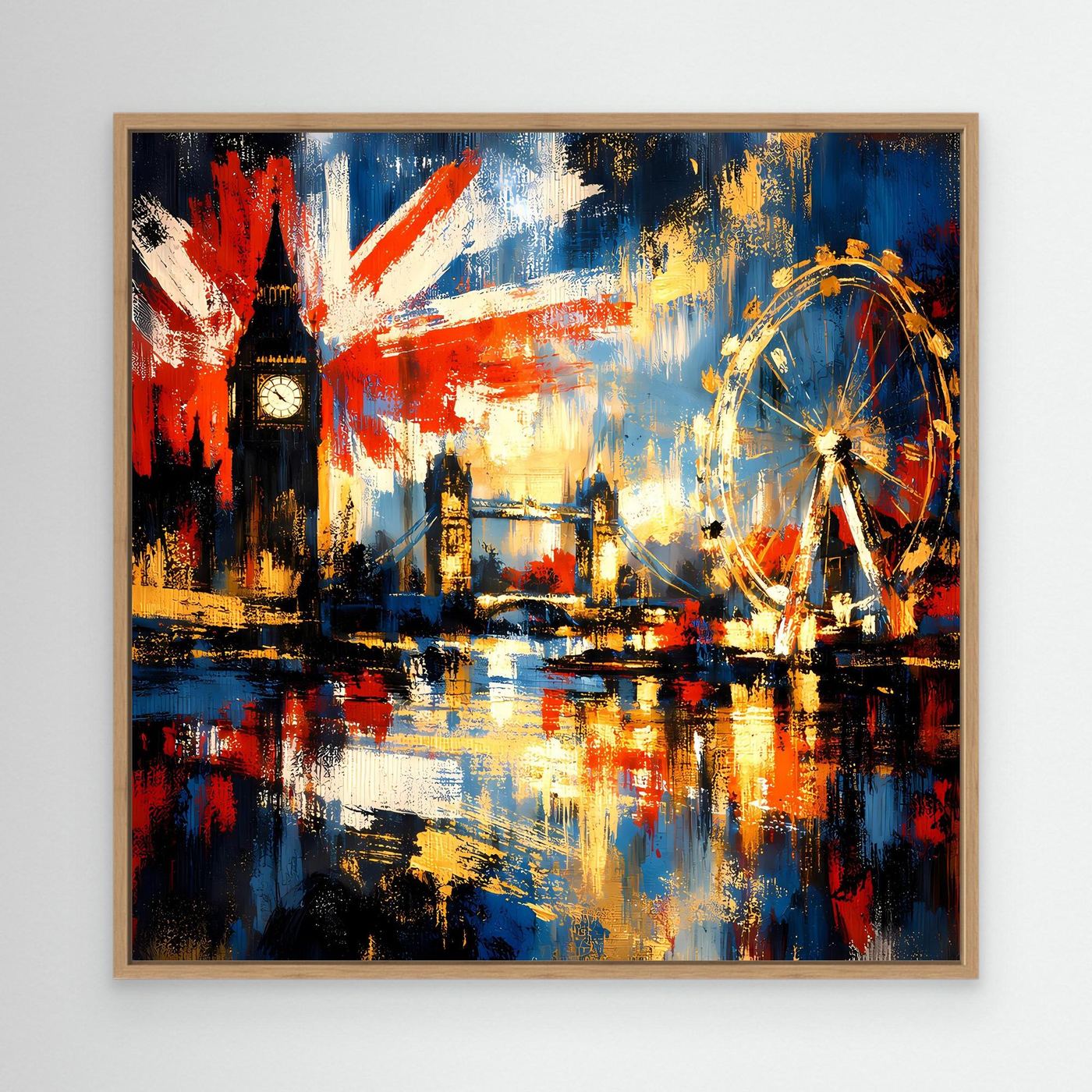 Leinwandbild mit London-Skyline und UK-Flagge, farbige Pinselstruktur, Eichrahmen