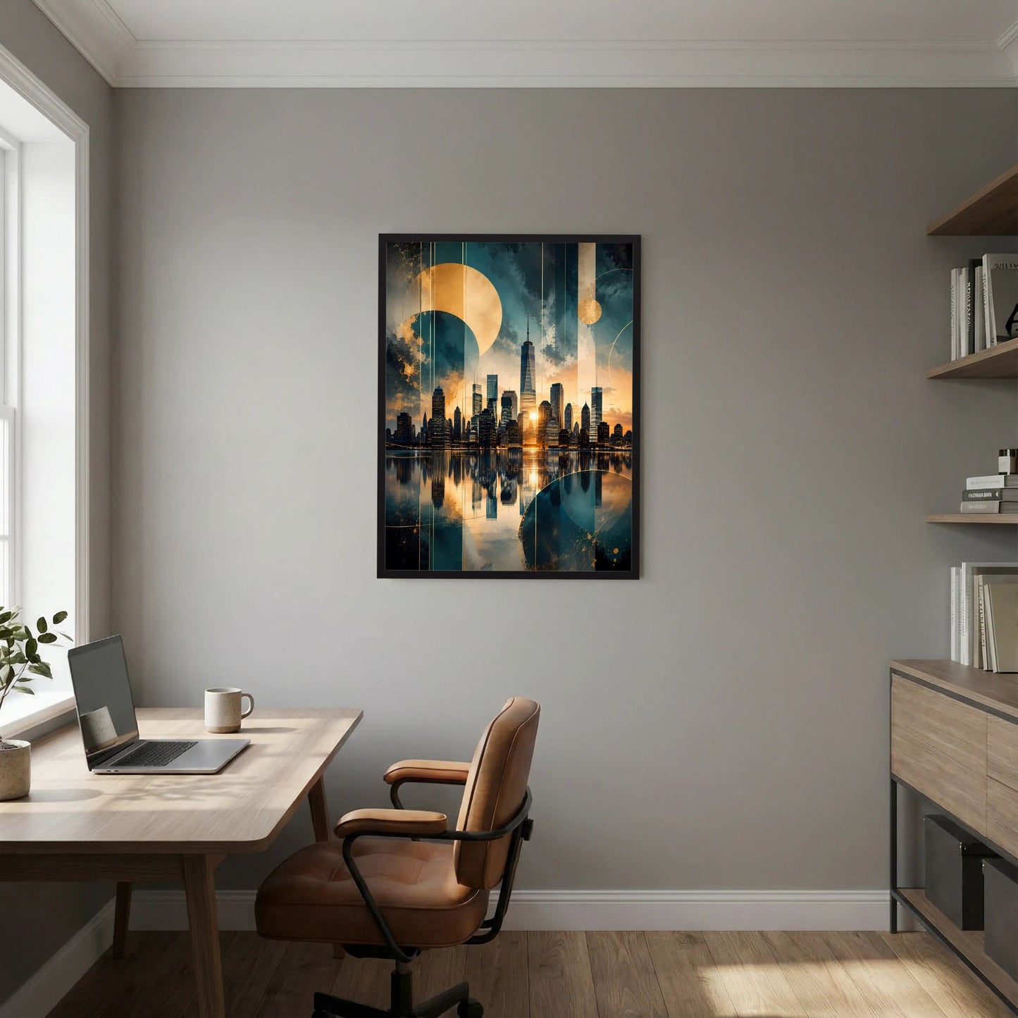Hochformatiges Skyline-Poster im schwarzen Rahmen, goldene Skyline vor petrolfarbenem Hintergrund