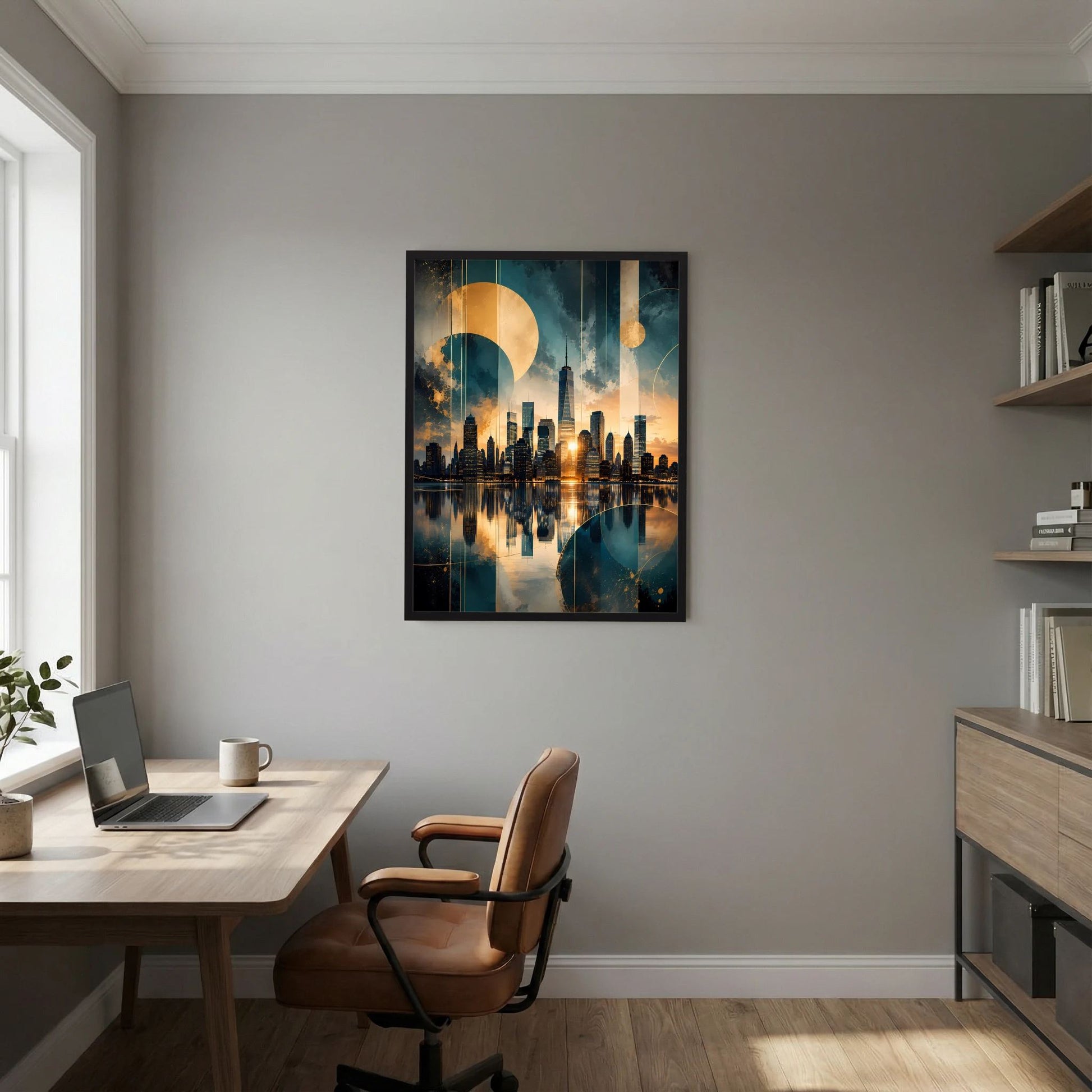 Hochformatiges Skyline-Poster im schwarzen Rahmen, goldene Skyline vor petrolfarbenem Hintergrund
