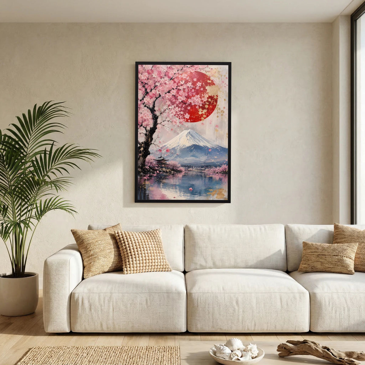 Hochformatiges Poster mit Kirschblütenbaum, Fuji und roter Sonne im schwarzen Rahmen