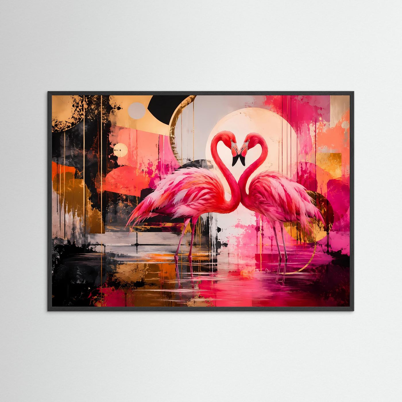 Flamingo-Liebe in Pink & Gold | Modernes Wandbild & Kunstdruck Querformat