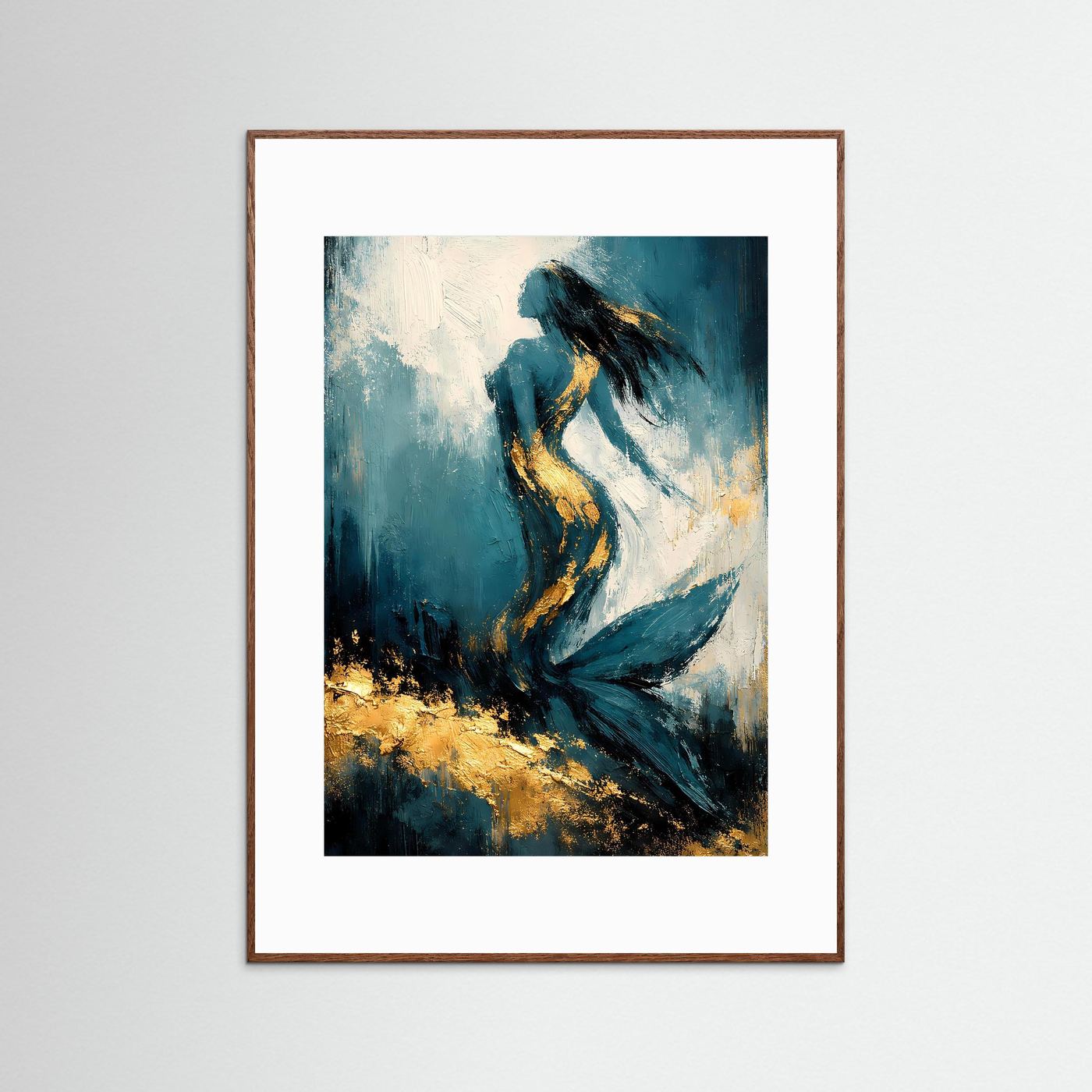 Gerahmtes Kunstposter mit Meerjungfrau, dunkelbrauner Rahmen, türkis-tiefblau, goldene Akzente
