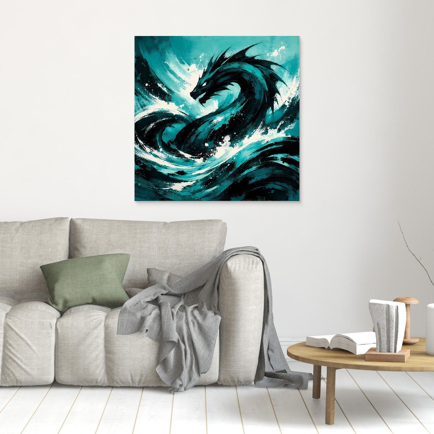 Wandbild mit Seeungeheuer in türkisblauer Welle, kleines Format