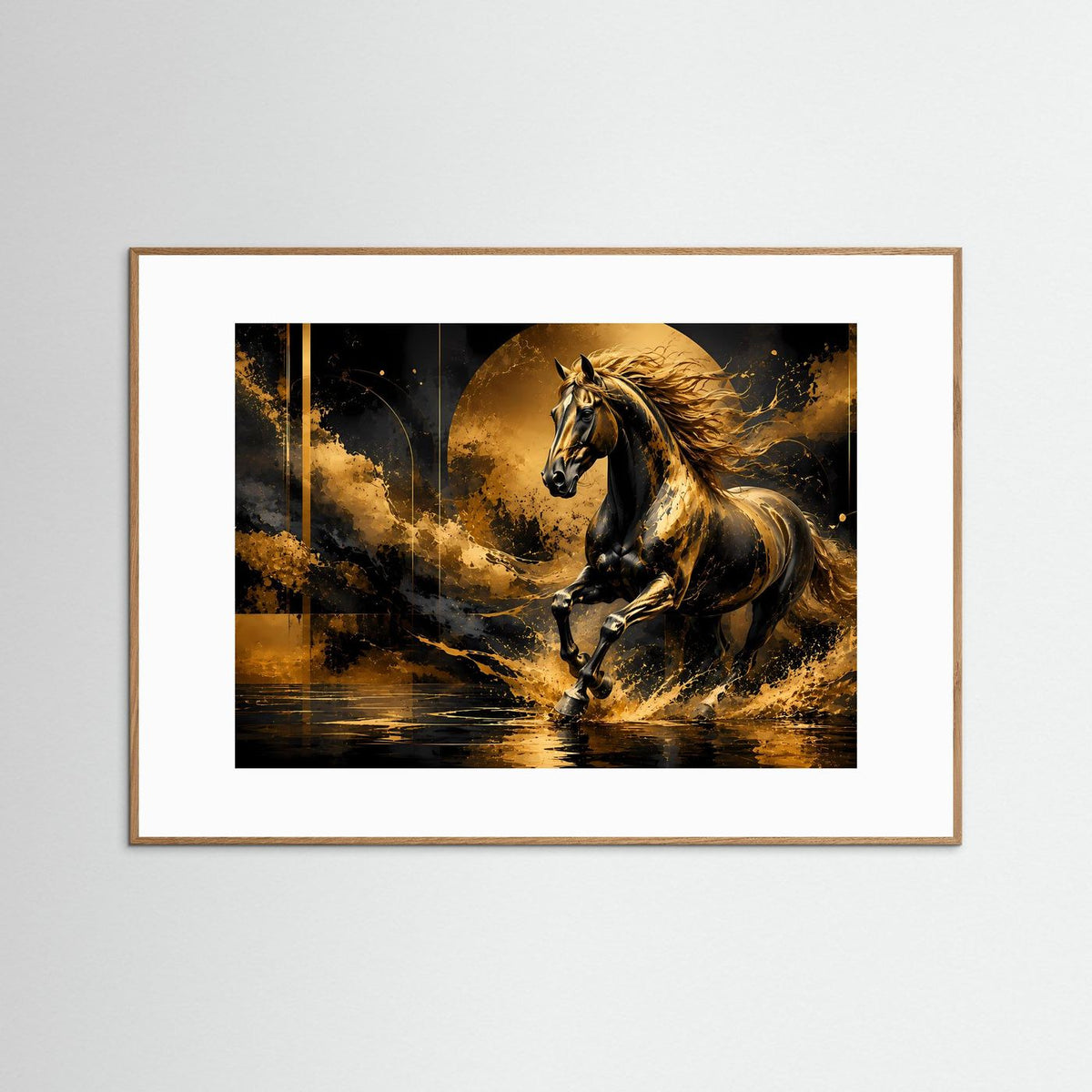 Poster im Querformat mit Pferdemotiv, heller brauner Rahmen und gold-schwarzer Grafik
