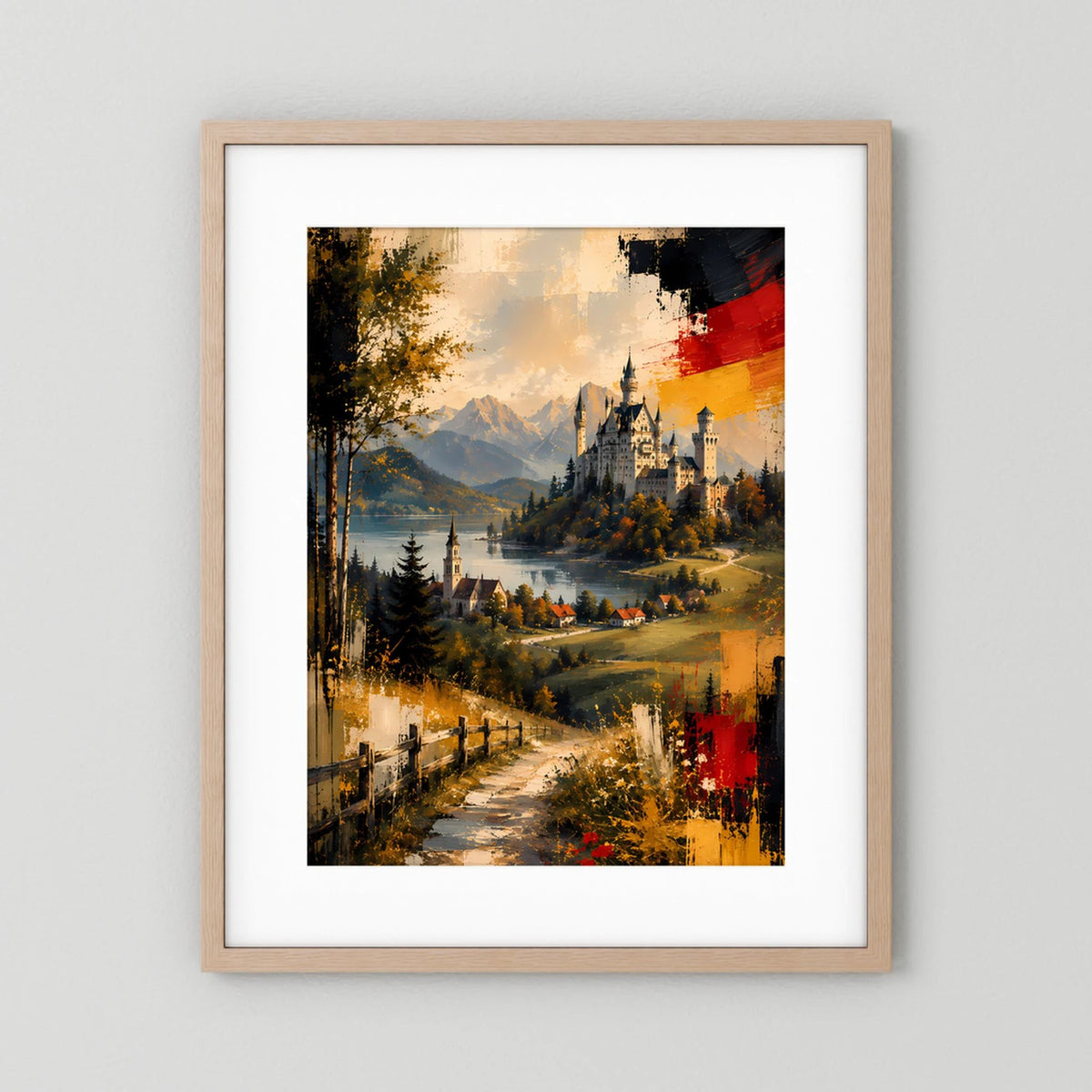 Kunstposter im Hochformat mit hellem Holzrahmen: abstrakte Alpenlandschaft mit Schloss, Pfad und See