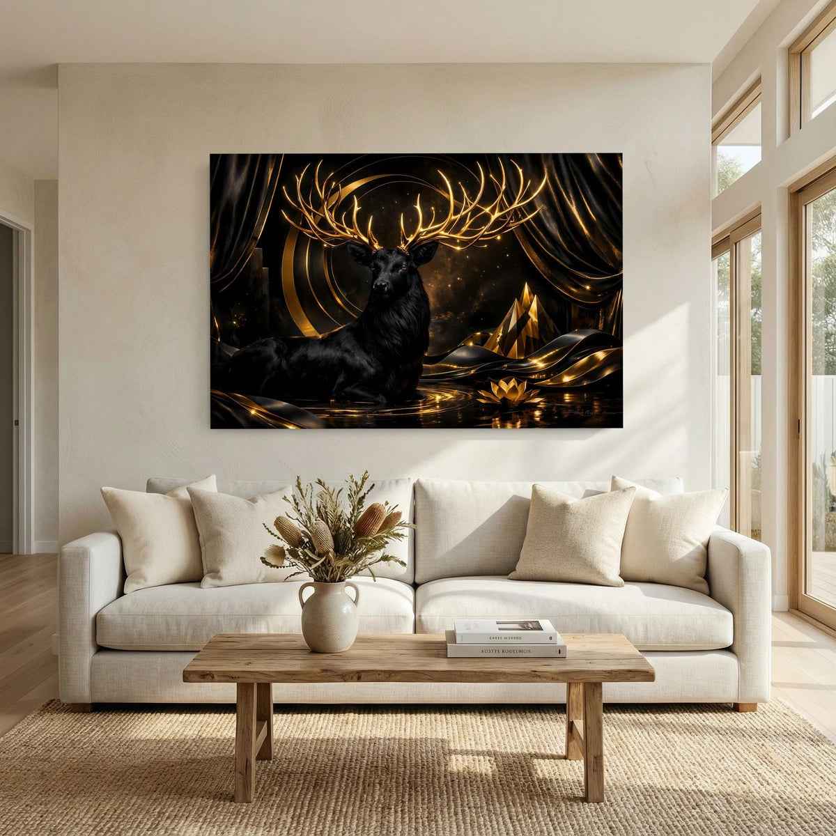 Wandposter im Querformat mit schwarzem Hirsch und goldenem Geweih, goldene Ornamente