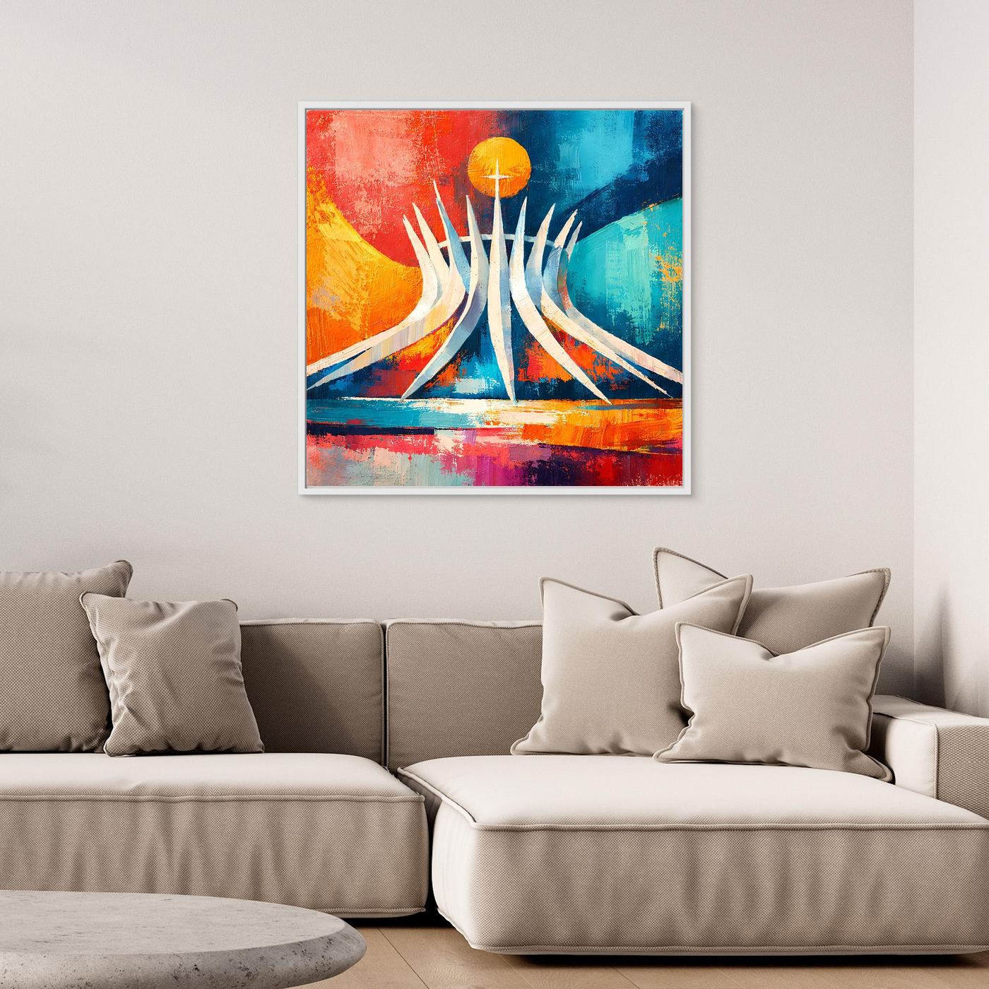 Abstraktes Leinwand-Wandbild mit Kathedralenmotiv und gelber Kugel, mit Rahmen