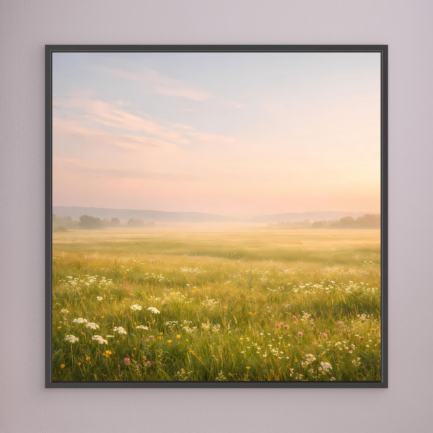 Leinwandbild mit nebliger Blumenwiese und Wiesenblumen, Pastellton, schwarz gerahmt