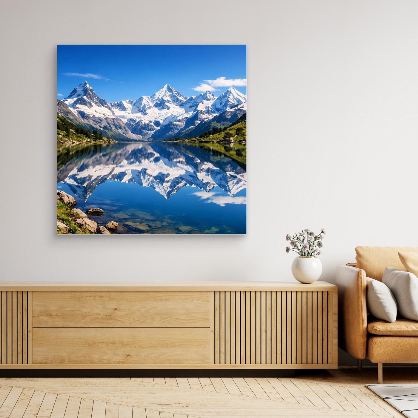 Gerahmtes Leinwandbild mit Alpen-Bergsee und Spiegelung, Blau-Grün im Panorama