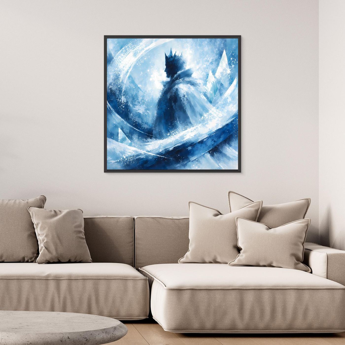 Leinwandbild mit schwarzem Rahmen, blaues Winterabstrakt mit Eissilhouette und Kältewirbeln
