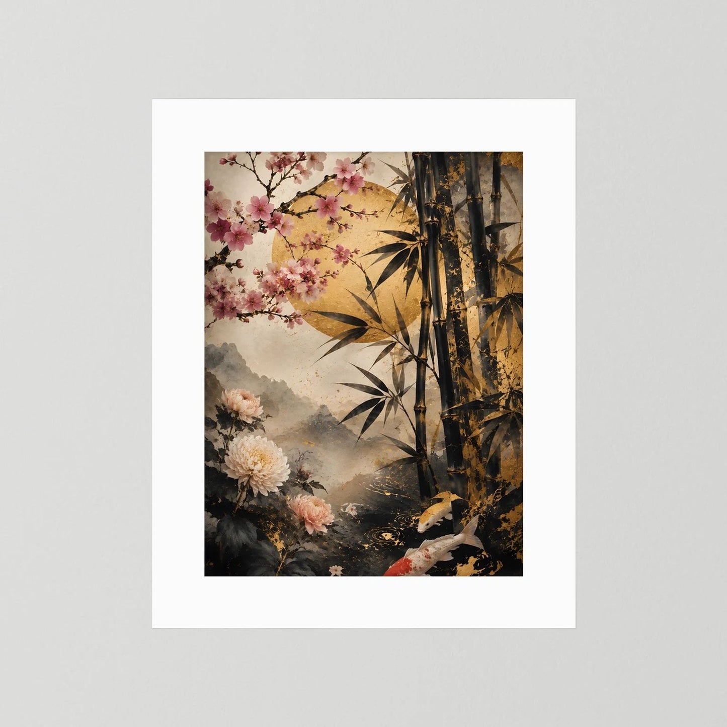 Japanposter Hochformat mit Koi, Kirschblüten und Bambus im Schwarz-Gold-Look, weiß hinterlegt