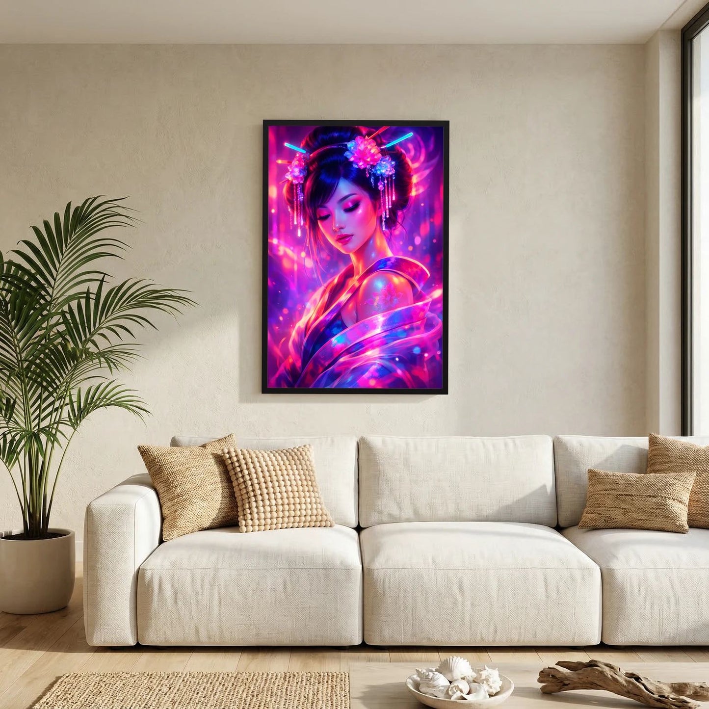 Neon-Poster mit japanischer Frau, schwarz gerahmt, leuchtender Pink-Blau-Look