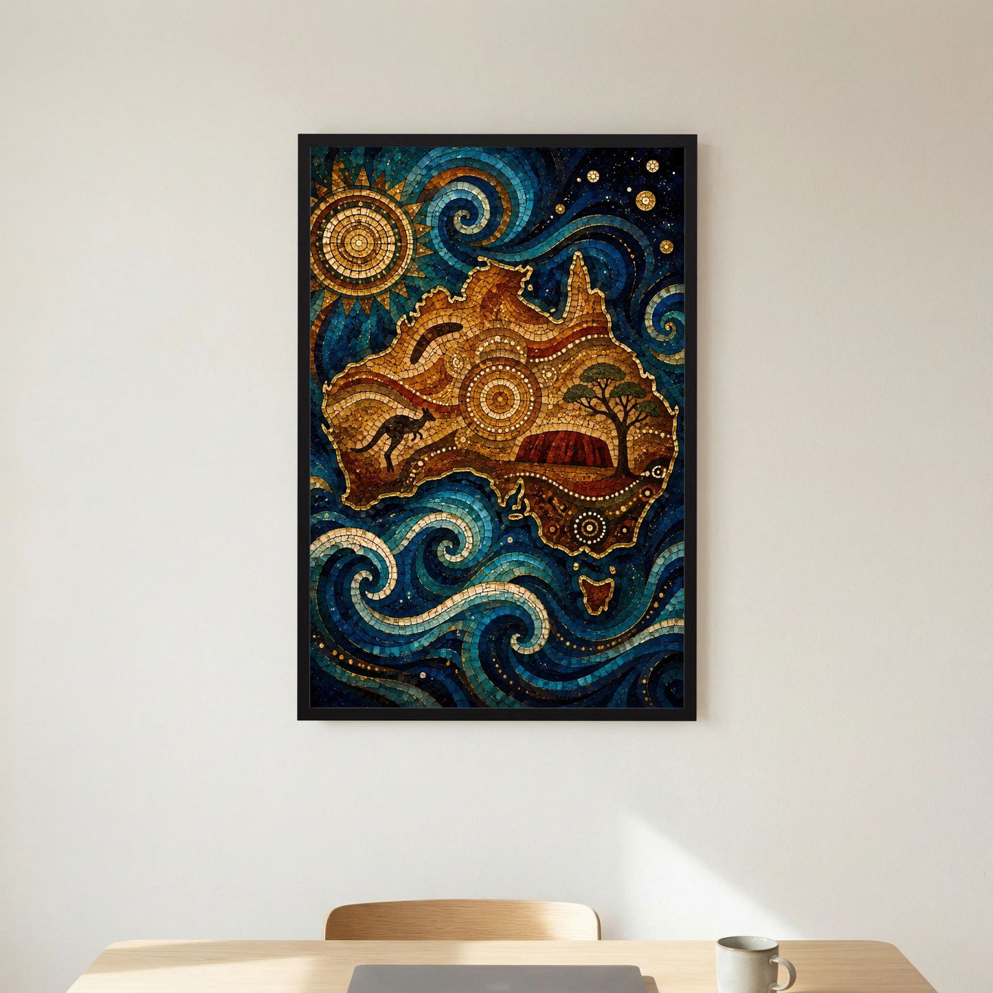 Wandposter im schwarzen Rahmen mit Mosaikbild, Känguru-Silhouette, blauen Wellen und Sternen