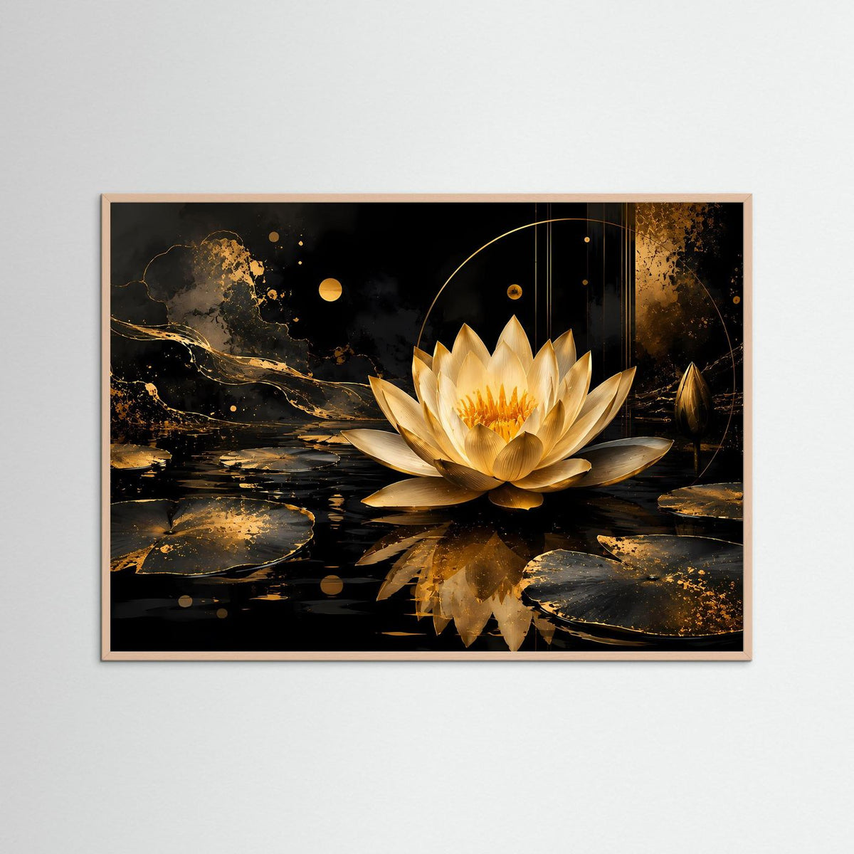 Poster mit goldener Lotusblüte auf schwarzem Wasser, Rosé-Holzrahmen