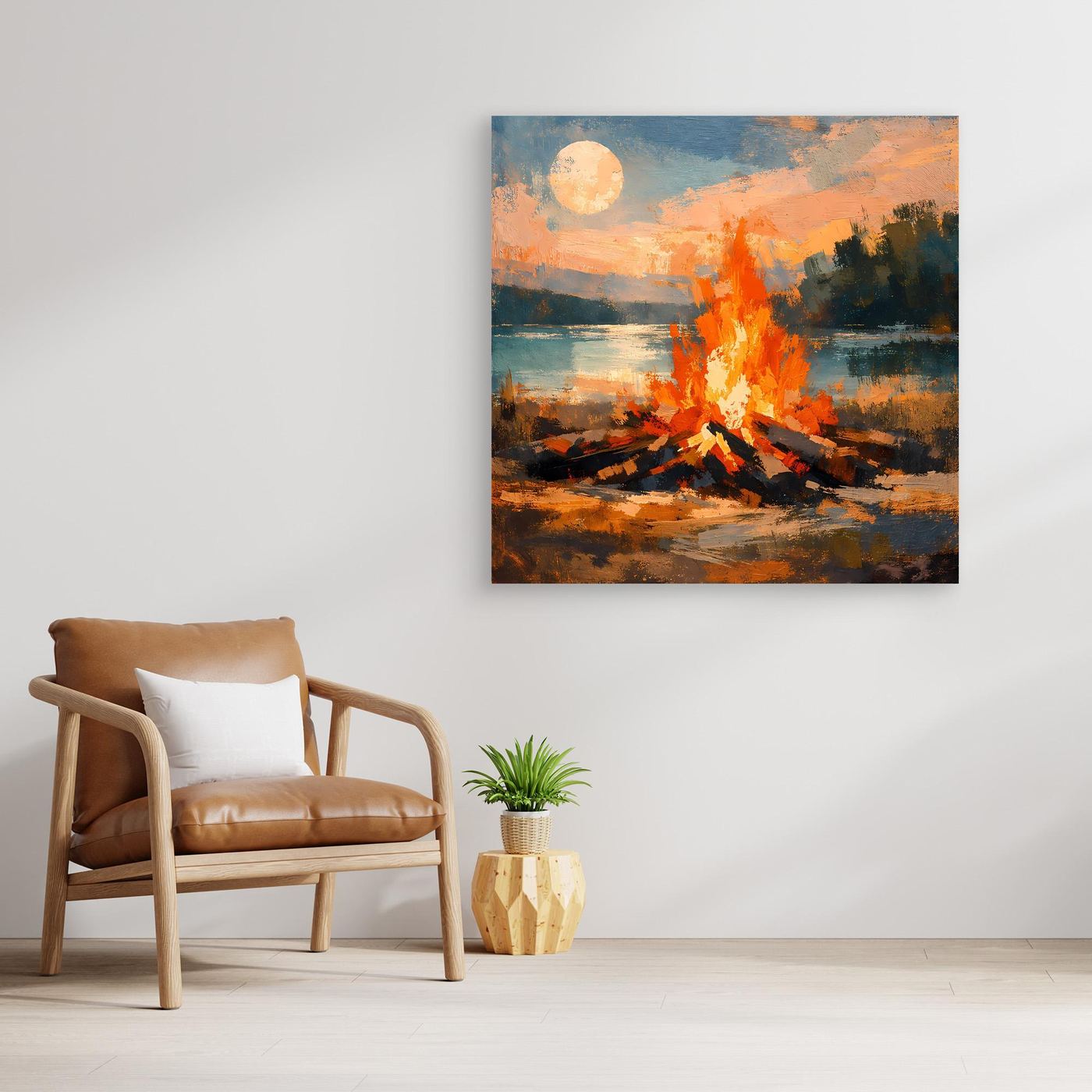 Wandbild mit Lagerfeuer am See auf Leinwand, goldener Rahmen, orange Flammen und Mond