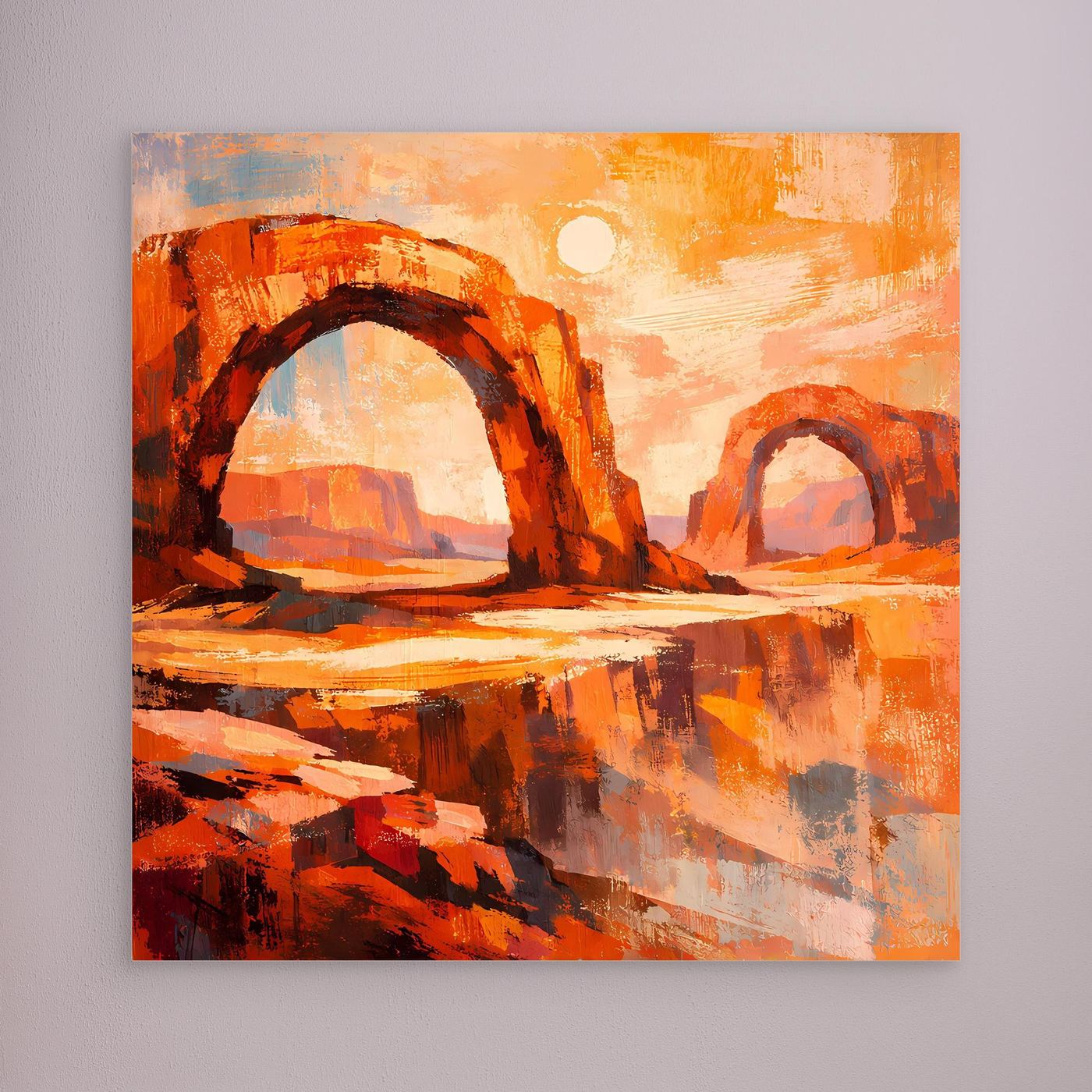Abstraktes Wandbild mit Wüstenbogen-Motiv in Orange, Rot und Beige