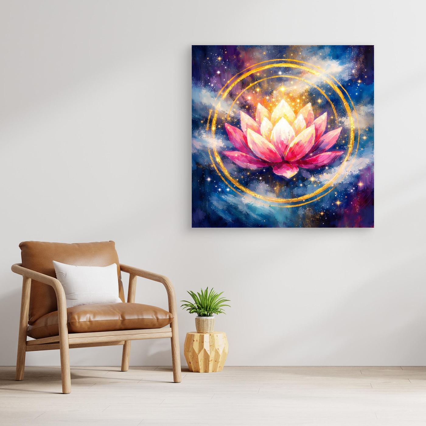 Leinwand-Wandbild mit Lotusblüte im Kosmos, mit dunkler Umrandung