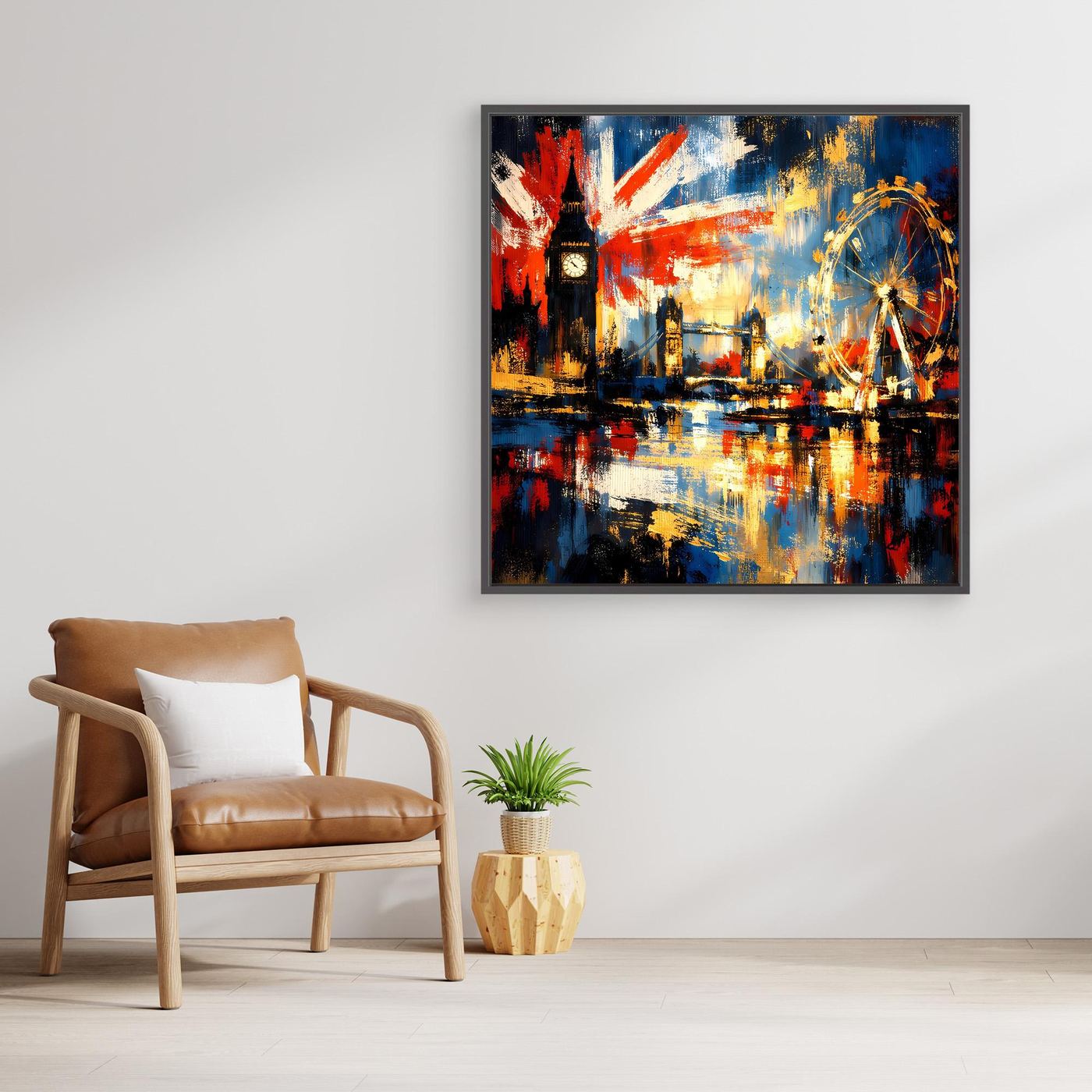 Gerahmtes abstraktes Leinwandbild: London-Skyline mit britischer Flagge, kräftigen Farben