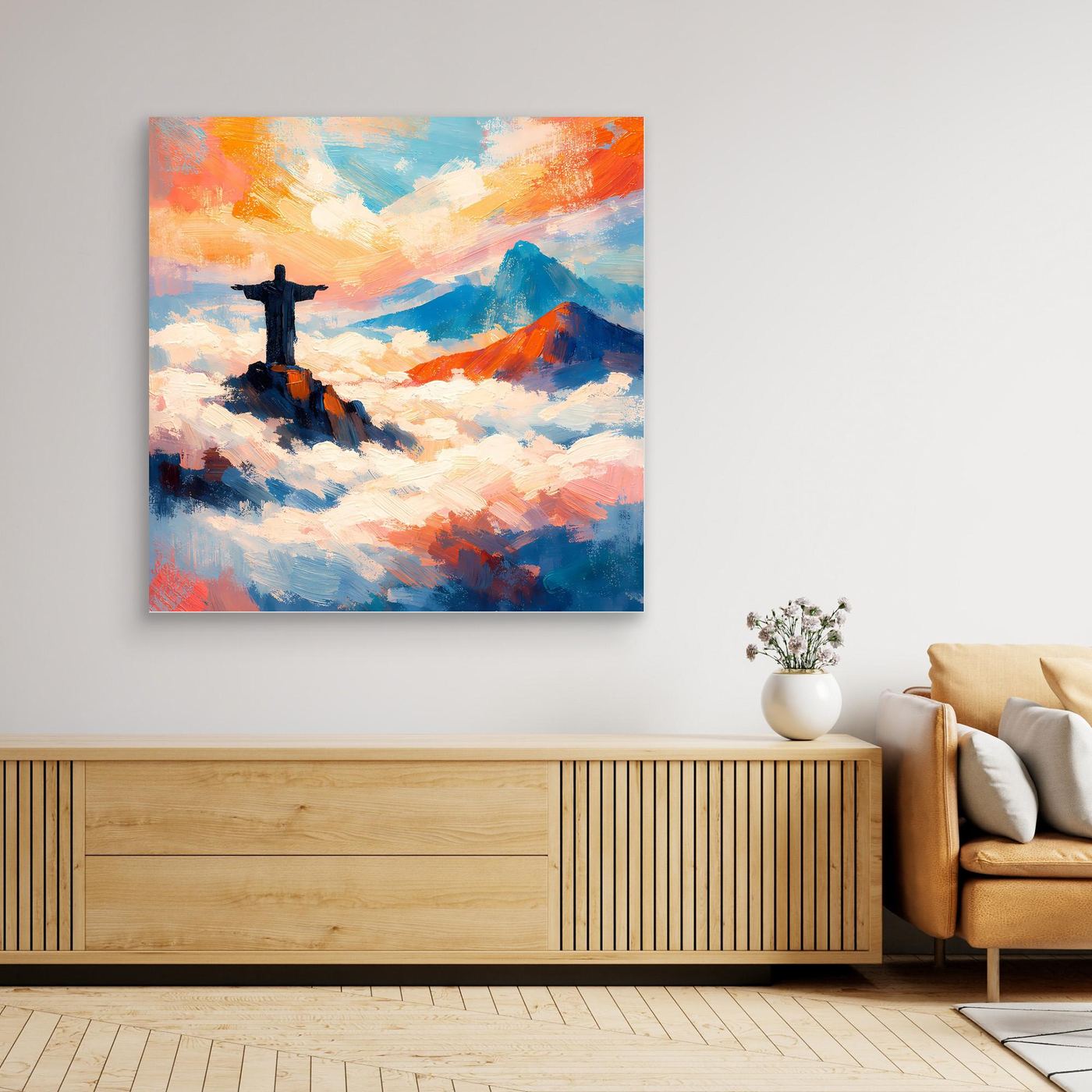 Leinwand-Wandbild mit Kreuz über Wolken, abstrakter Himmel in Orange, Blau und Türkis