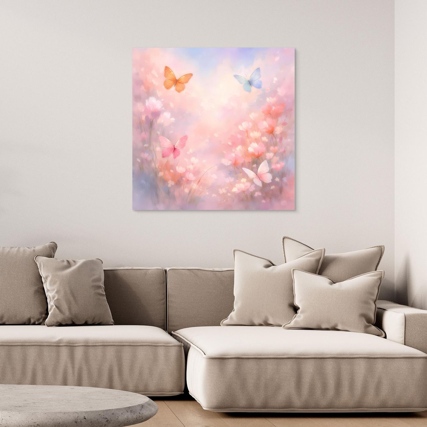 Leinwandbild mit pastellfarbenen Schmetterlingen und Blütenmotiv in hellen Rosa- und Blautönen.