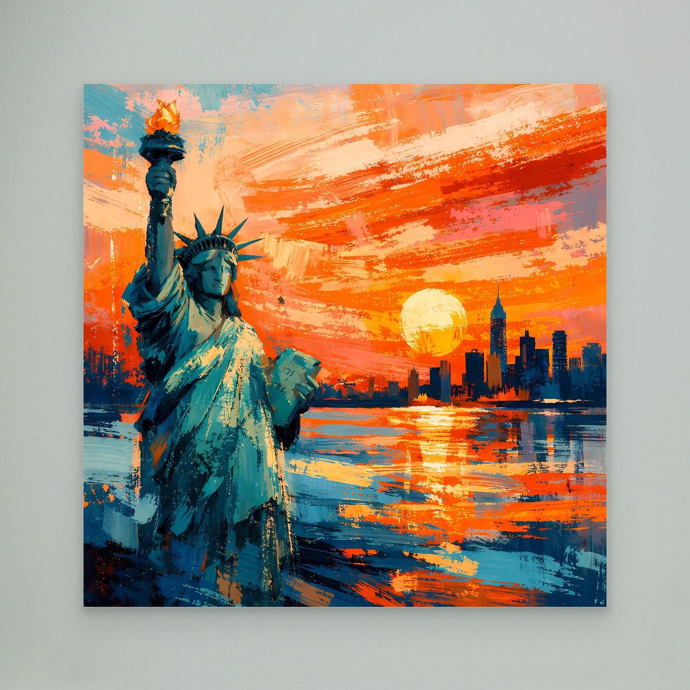 Leinwand-Wandbild mit Freiheitsstatue in Blaugrün, orange-roter Himmel, gelbe Sonne und Skyline