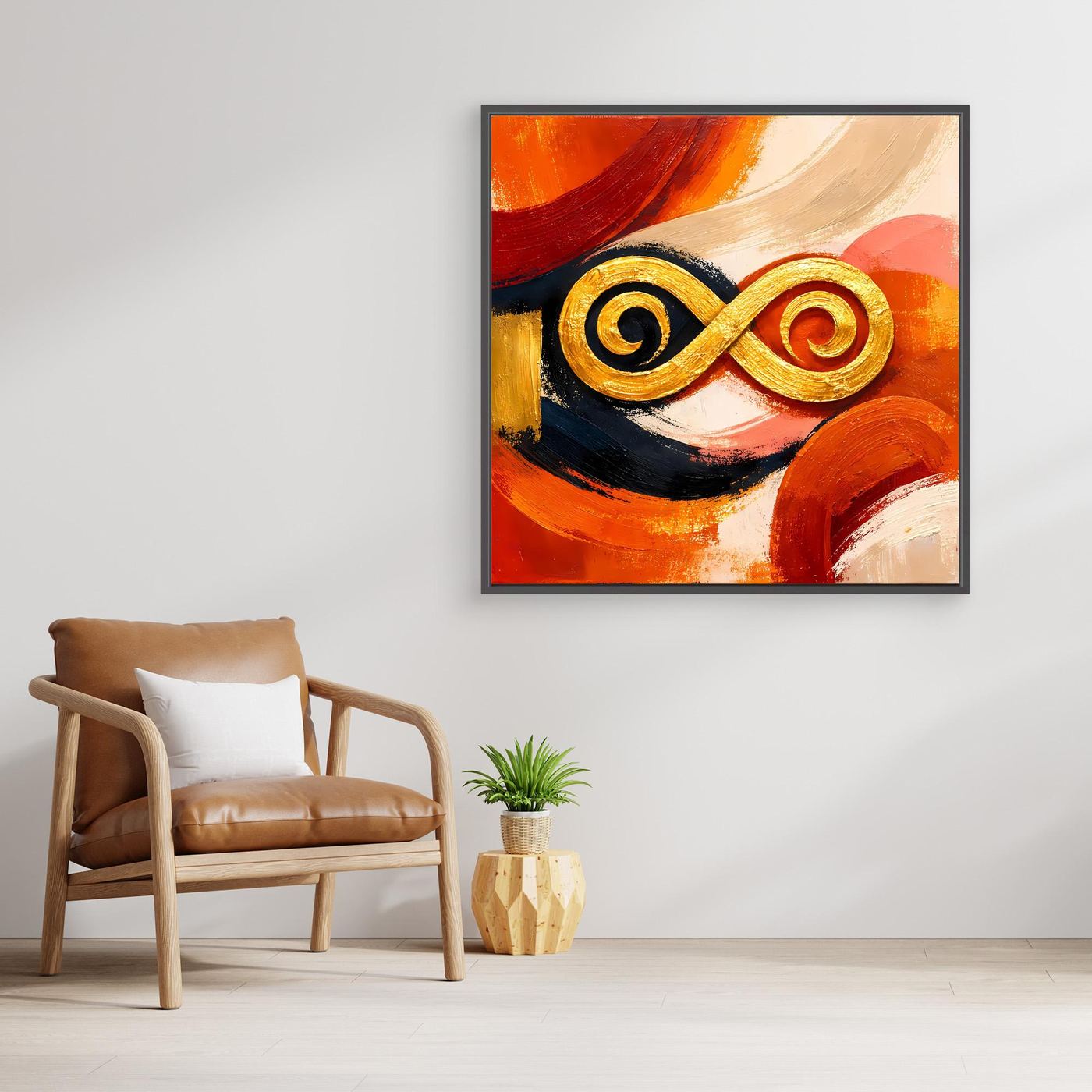 Abstraktes Leinwandbild mit goldener Unendlichkeit im schwarzen Rahmen, warmes Orange-Rot-Design