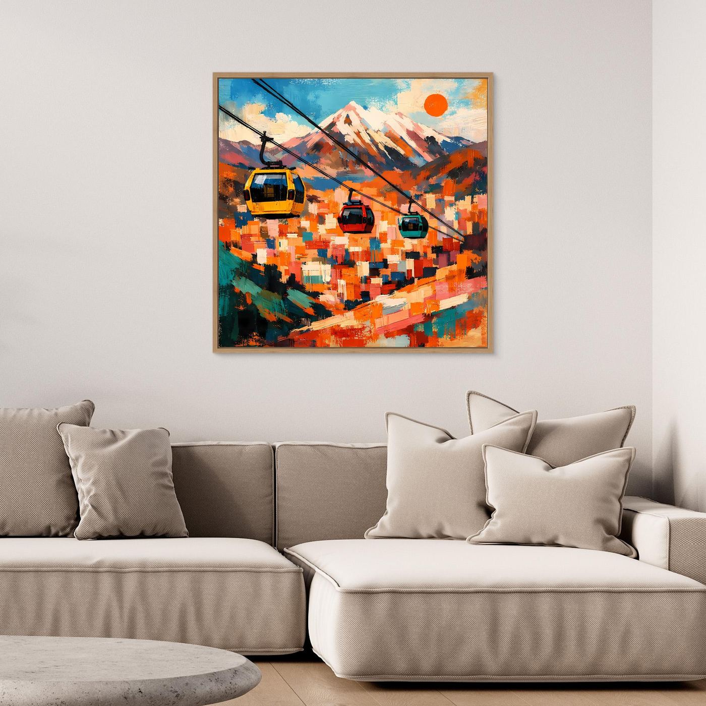 Abstraktes Leinwand-Wandbild mit Seilbahn und Bergen, kräftige Farbfelder, heller Holzrahmen