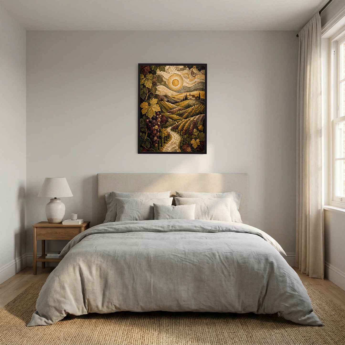 Gerahmtes Hochformat-Poster mit Weinberg-Mosaik über dem Bett, schwarzer Rahmen