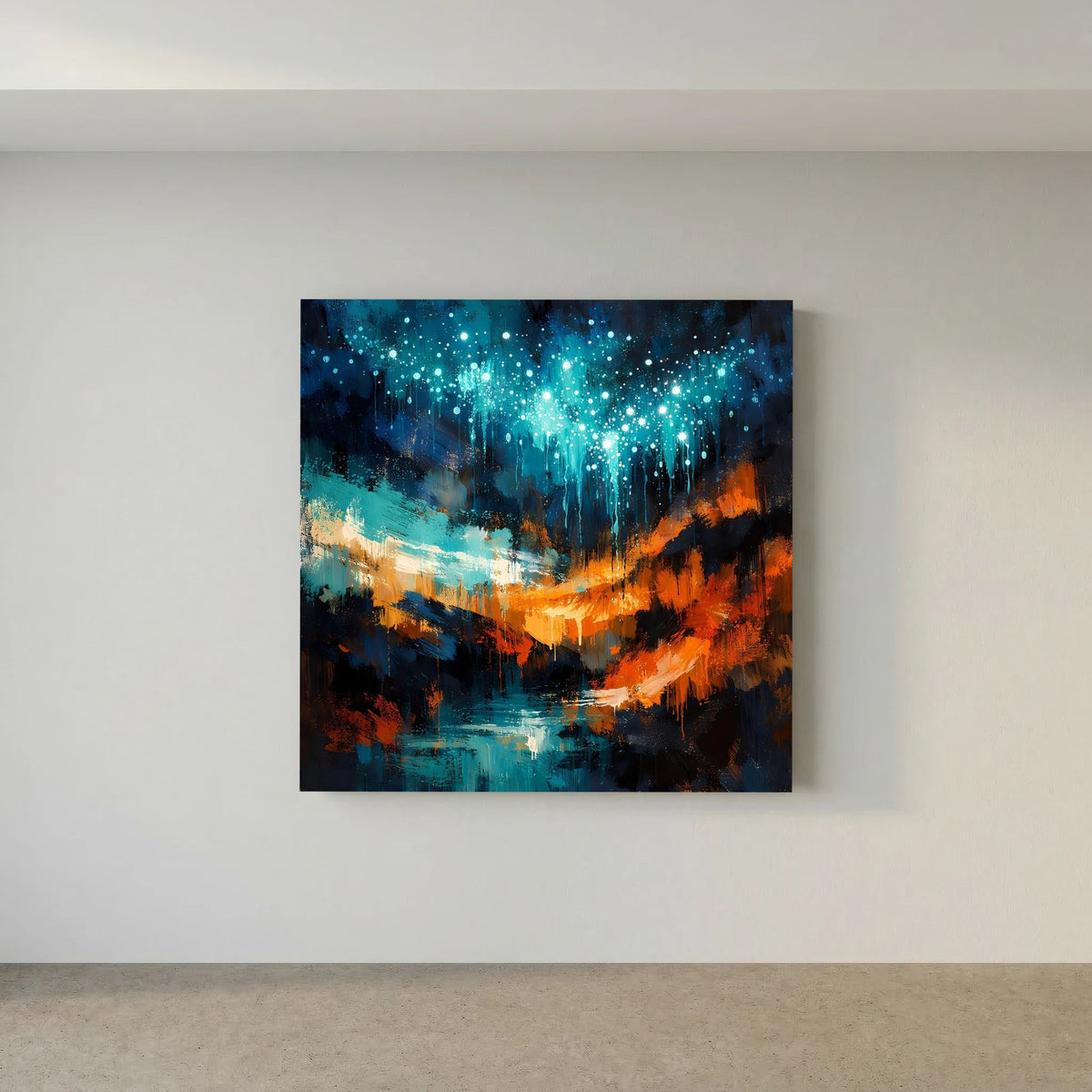 Quadratisches Leinwandbild mit türkis-blauen Sternpunkten und orangefarbener Lichtspur