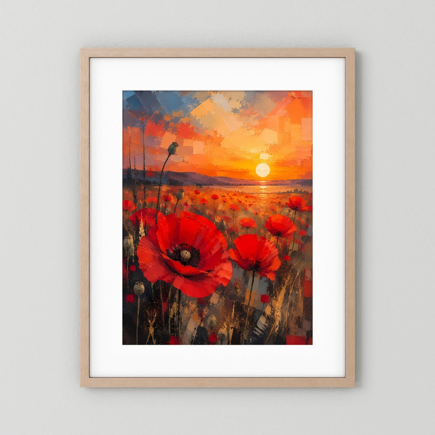 Hochformat-Poster mit roten Mohnblumen und orangefarbener Sonne, heller Holzrahmen mit weißem Rand