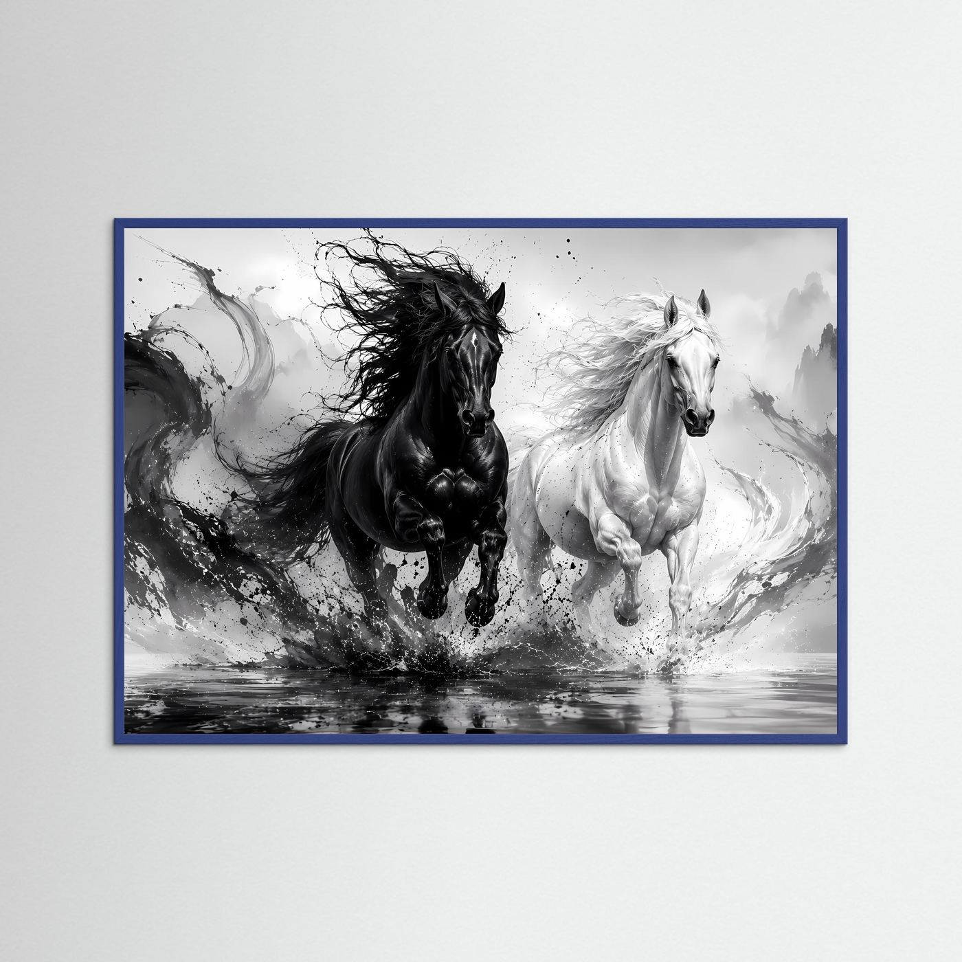 Schwarz Weiß Pferde Poster | Yin Yang Pferde Wandbild | Galoppierende Schwarze und Weiße Pferde | Moderne Abstrakte Pferdekunst