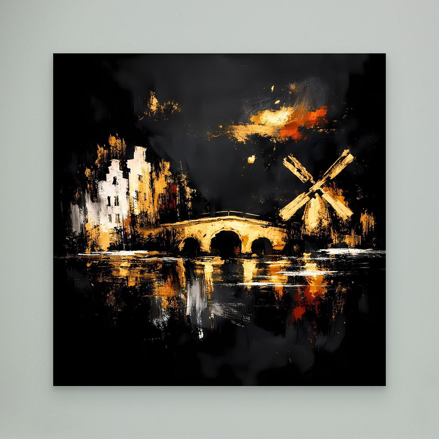 Leinwand Goldene Windmühle in Amsterdam | Abstraktes Holland Wandbild Modern