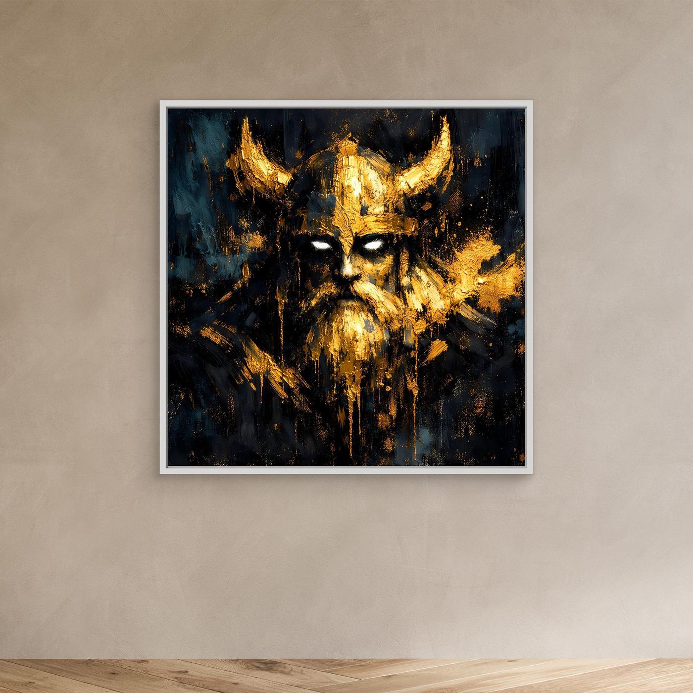 Leinwand Mystischer Wikinger in Gold und Schwarz | Modernes Abstraktes Krieger Wandbild