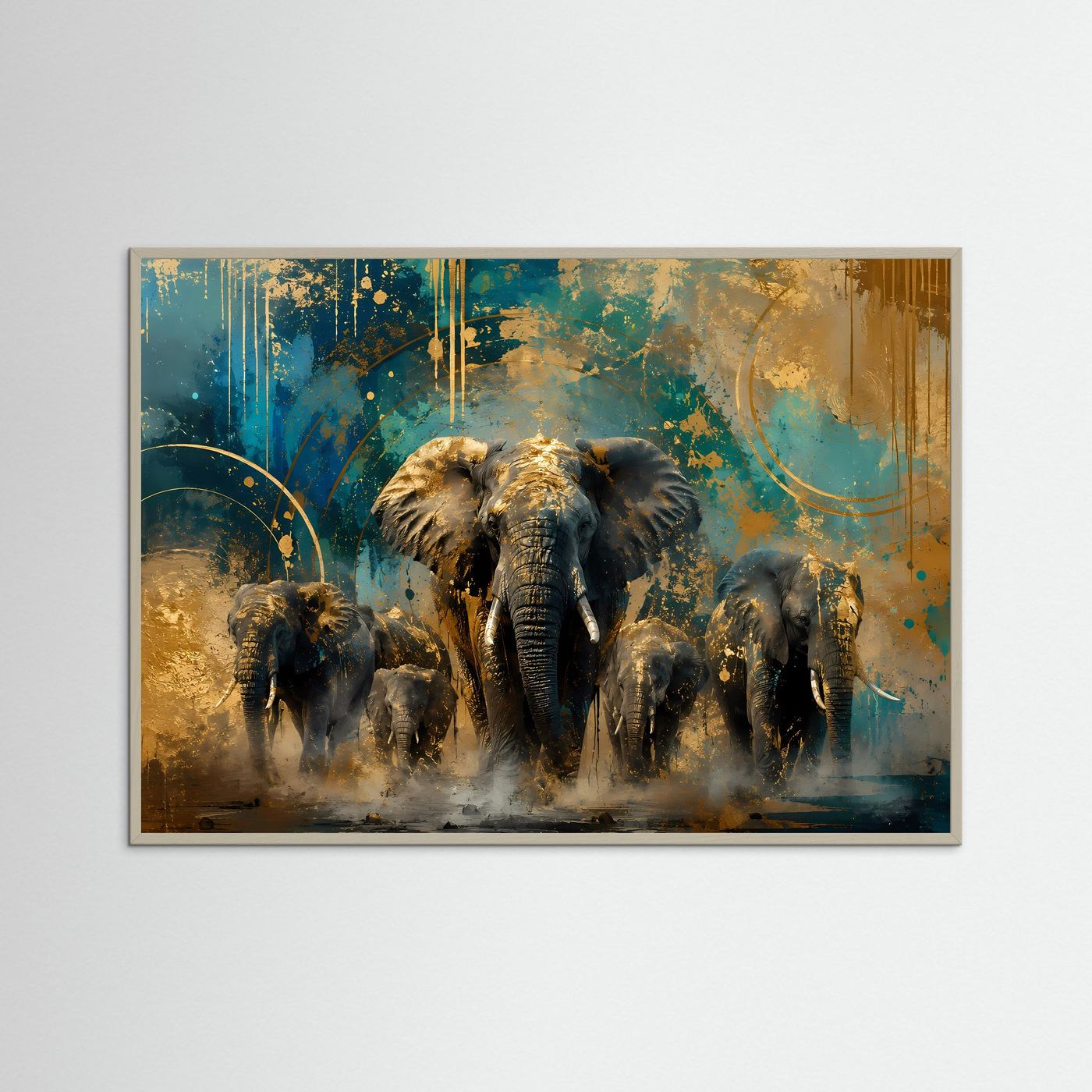 Elefanten-Wildlife-Poster mit hellem Holzrahmen: gold- und petrolfarbene Herde, Querformat