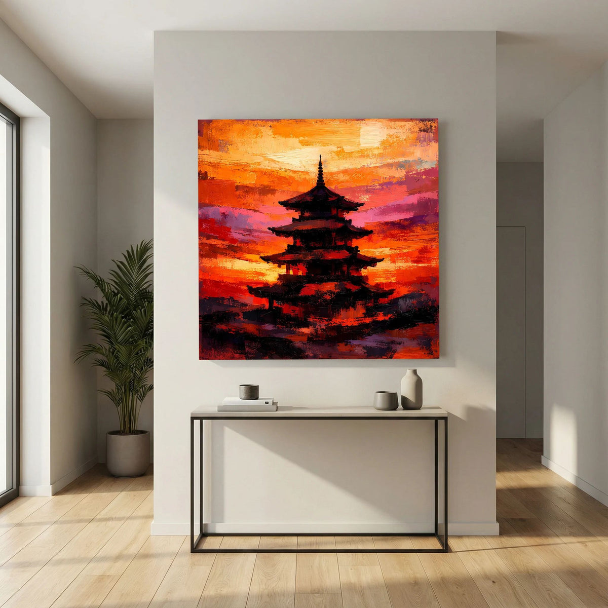Leinwandbild mit japanischer Pagode als dunkle Silhouette, abstrakte Farben in Orange und Magenta