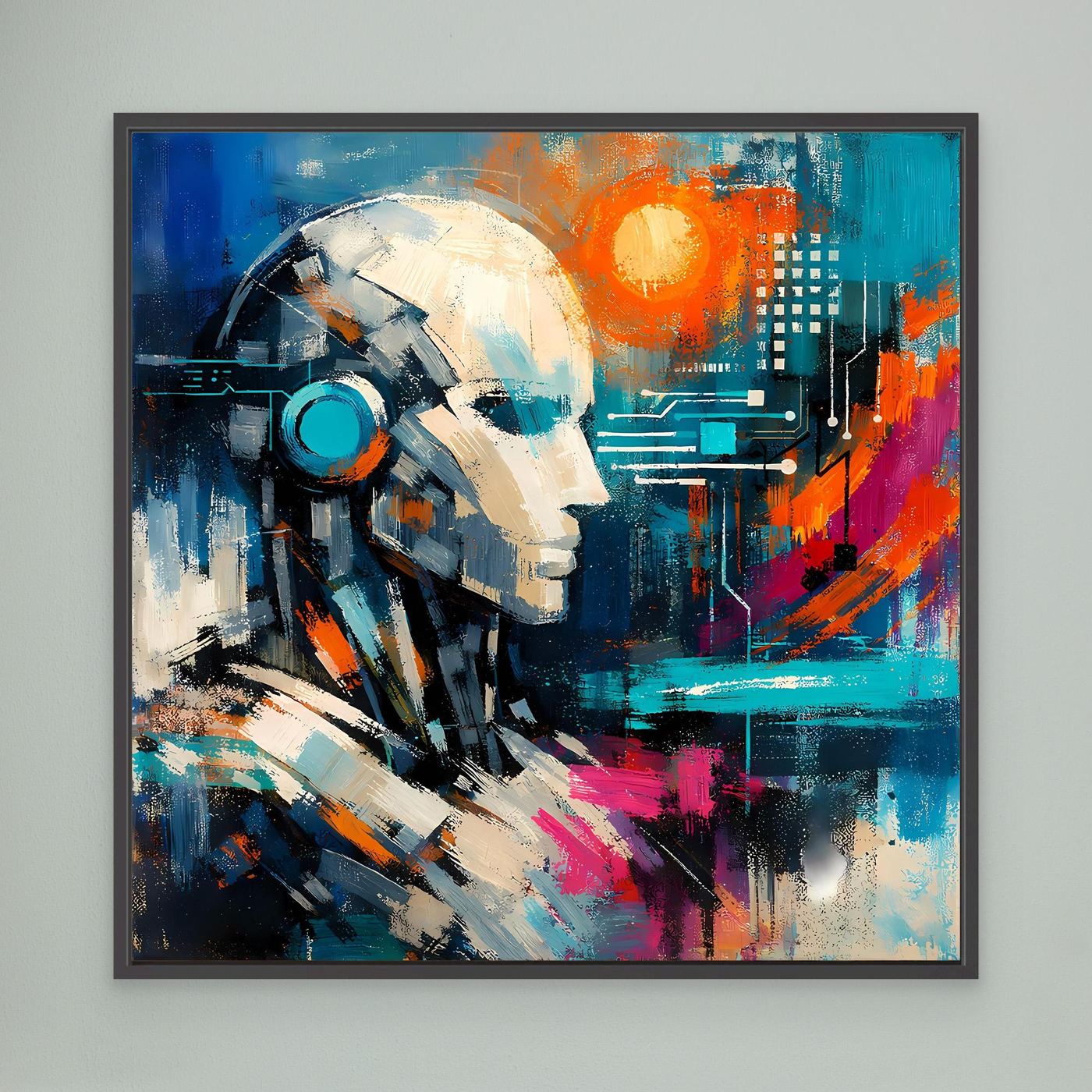 Abstract robot face canvas with blue, orange, and magenta paint strokes in a black frame
