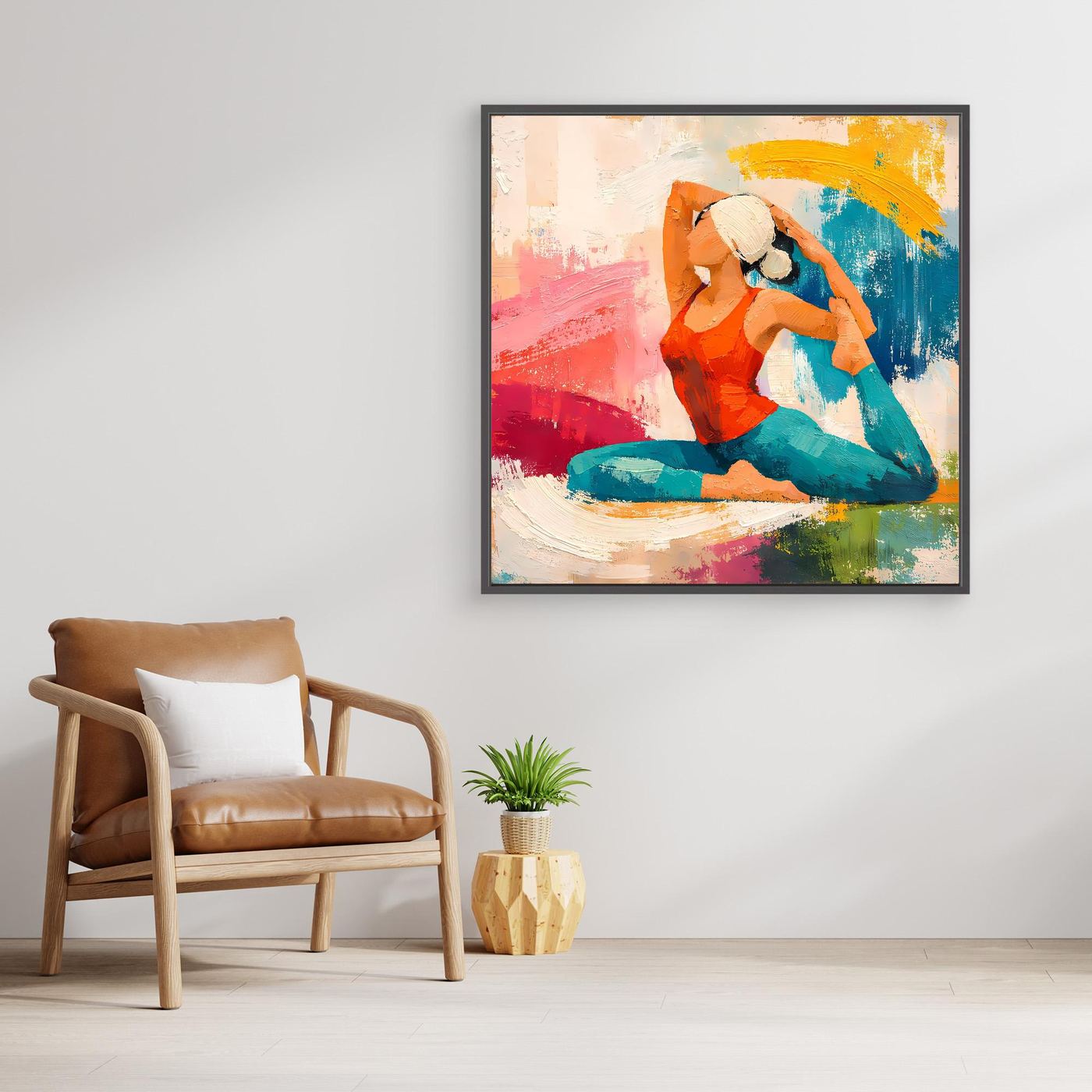 Leinwand-Yoga-Wandbild mit abstrakter Frau im Sitzen, schwarz gerahmt