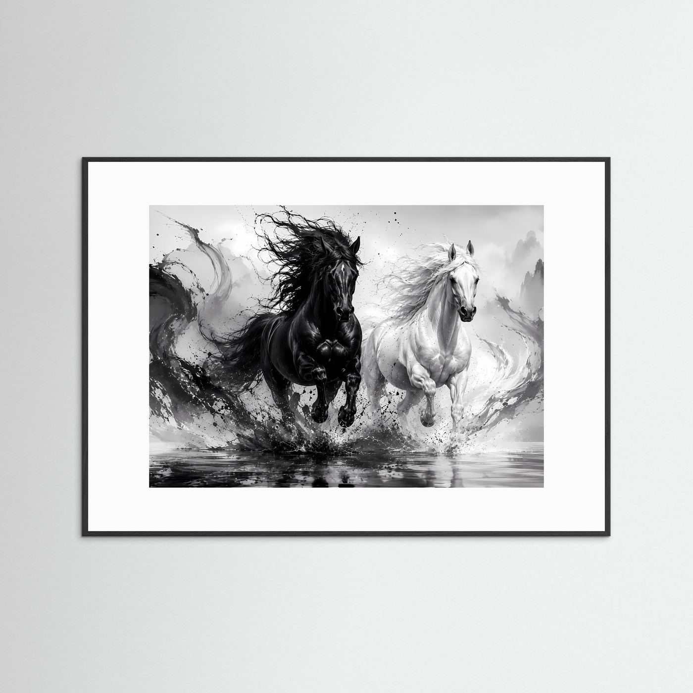 Schwarz Weiß Pferde Poster | Yin Yang Pferde Wandbild | Galoppierende Schwarze und Weiße Pferde | Moderne Abstrakte Pferdekunst