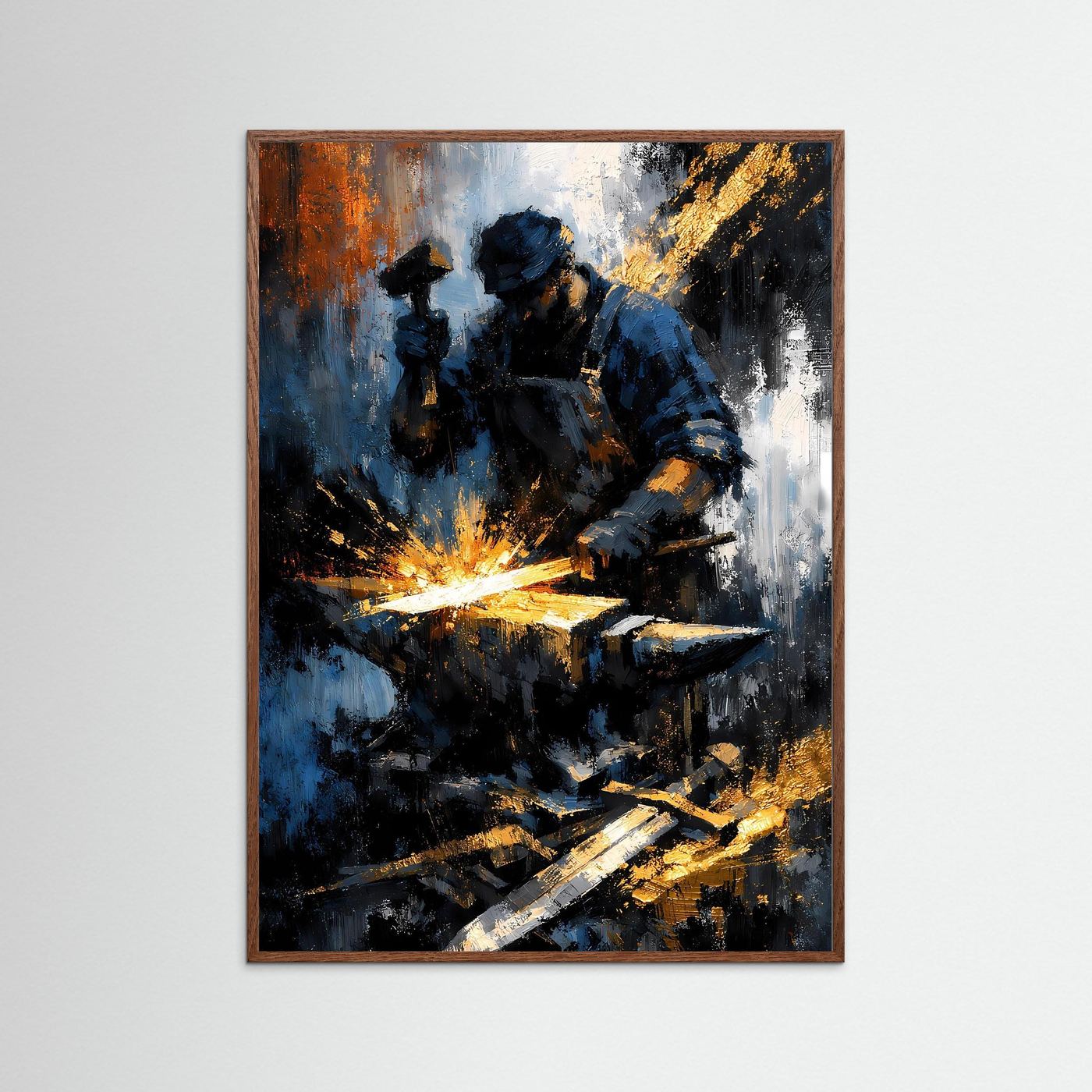 Gerahmtes Hochformat-Kunstposter mit dunklem Eichrahmen: Schmied mit Funken, blau-gold