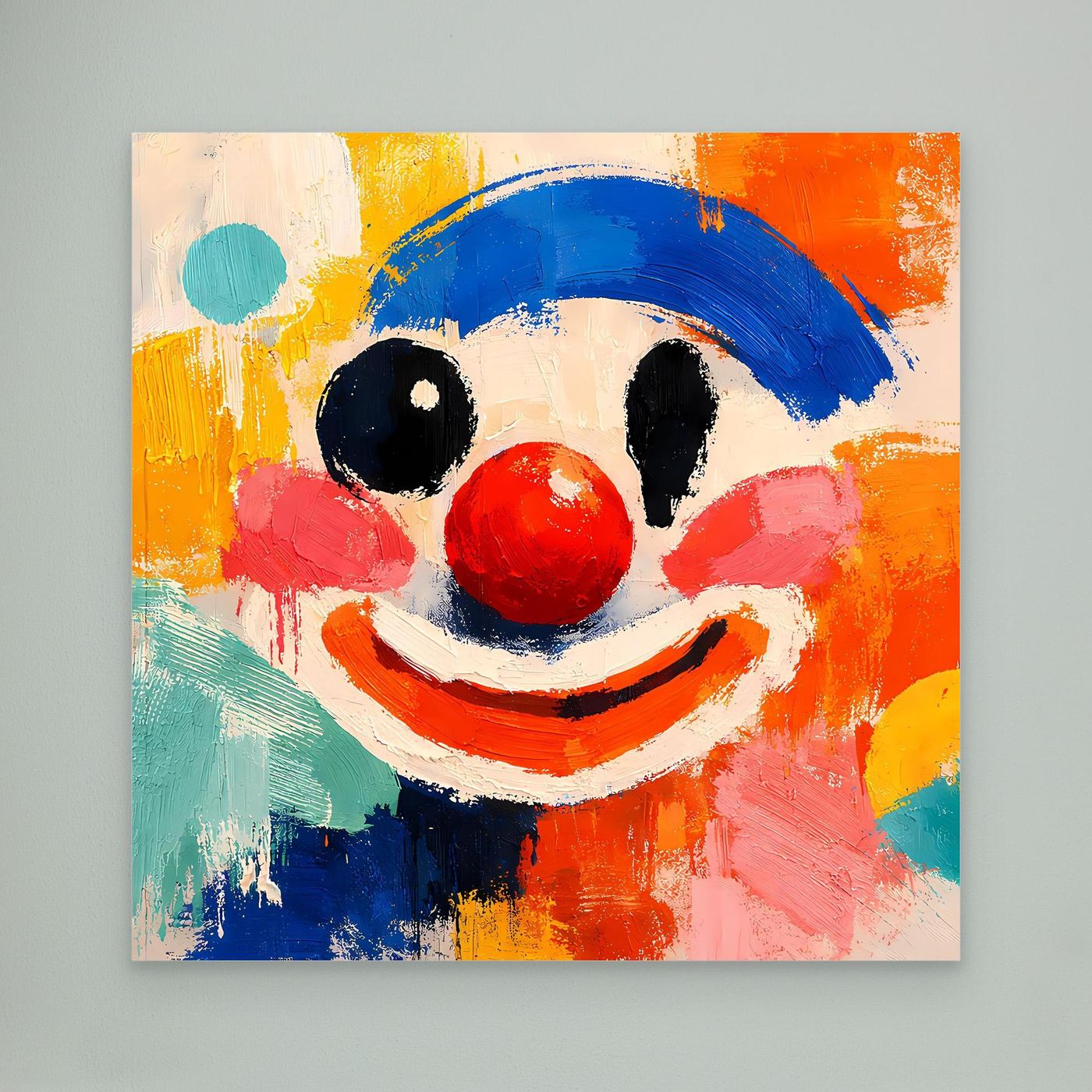Leinwand-Wandbild mit abstraktem Clown-Gesicht, blauem Hut, roter Nase und bunten Akzenten